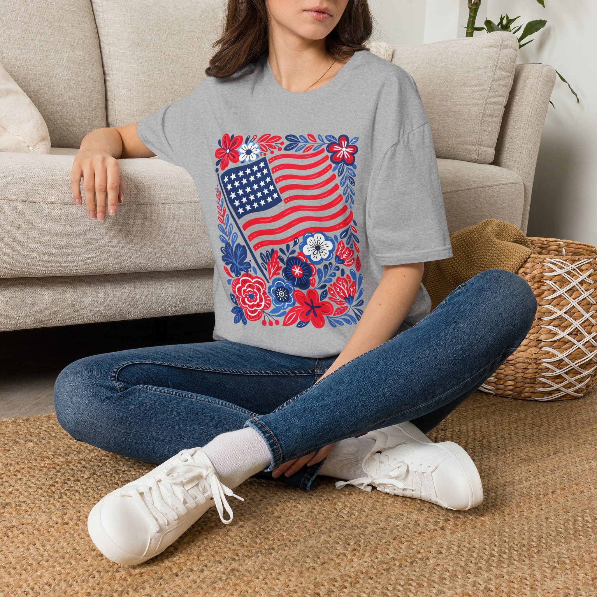 American Flag Floral T-Shirt — Patriotic Stars & Stripes Tee