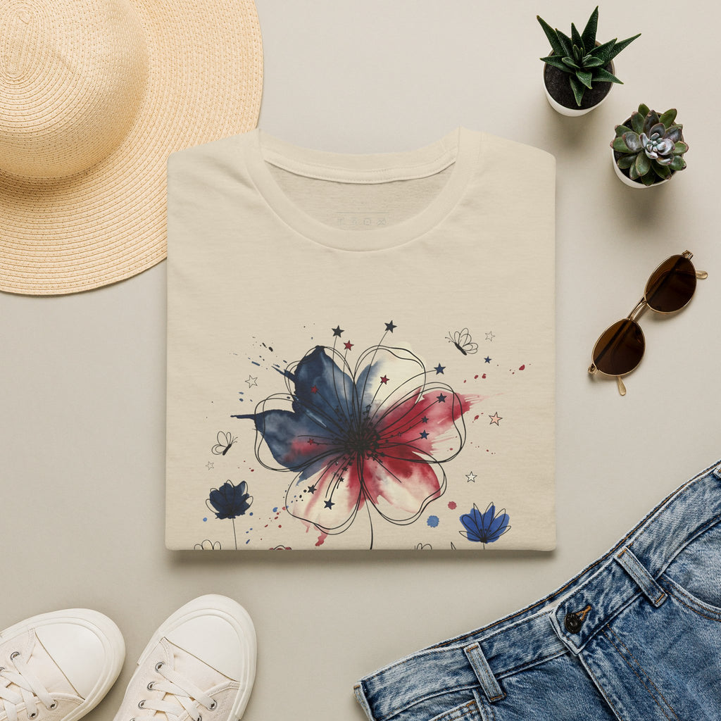Butterfly Watercolor T-Shirt — Patriotic Red White Blue Floral Graphic