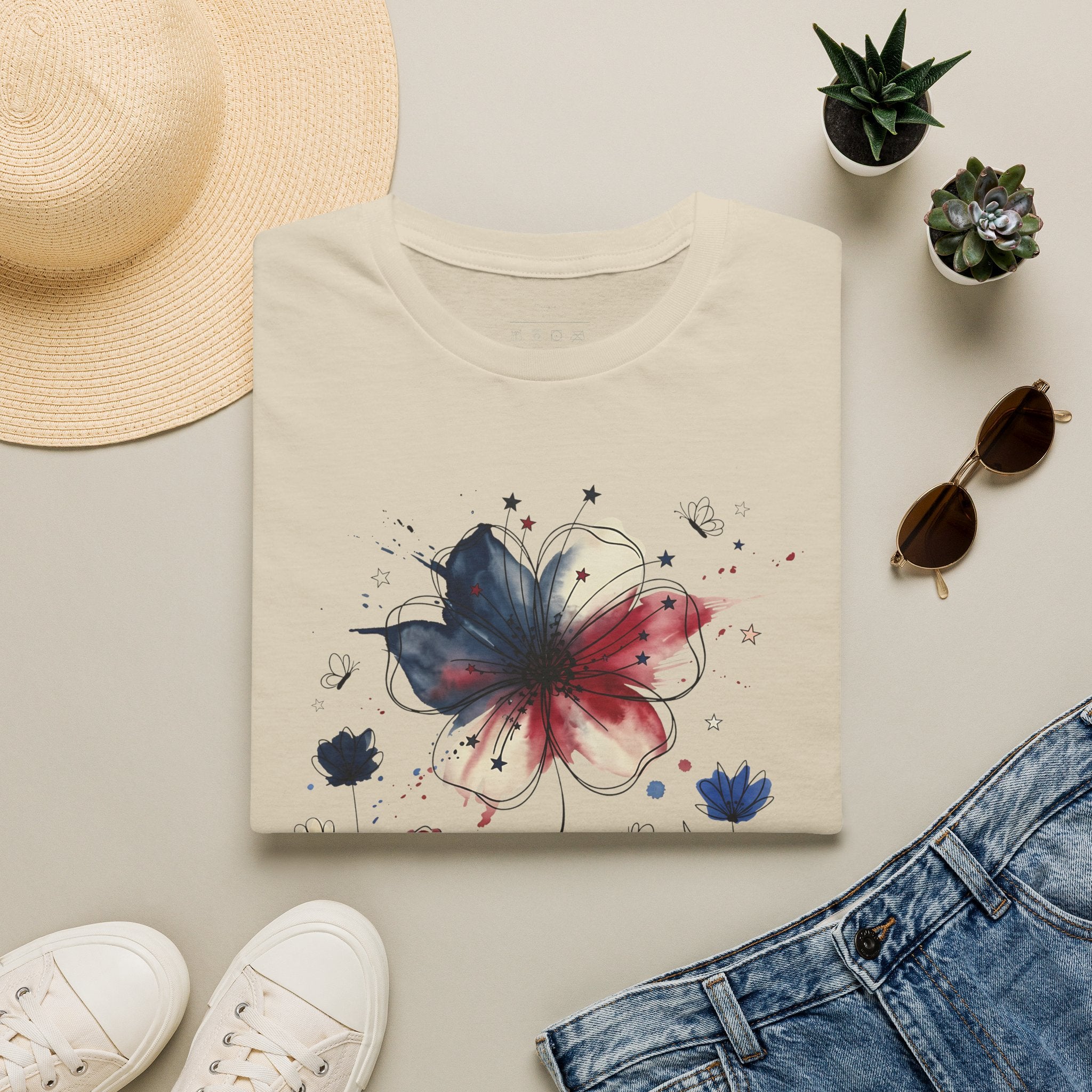 Butterfly Watercolor T-Shirt — Patriotic Red White Blue Floral Graphic