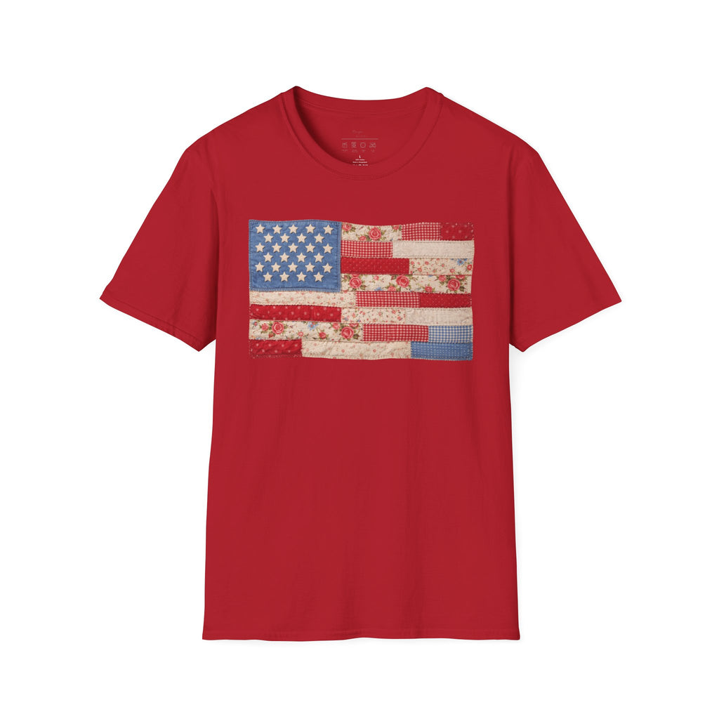 Patchwork American Flag T-Shirt — Vintage Floral Patriotic Tee