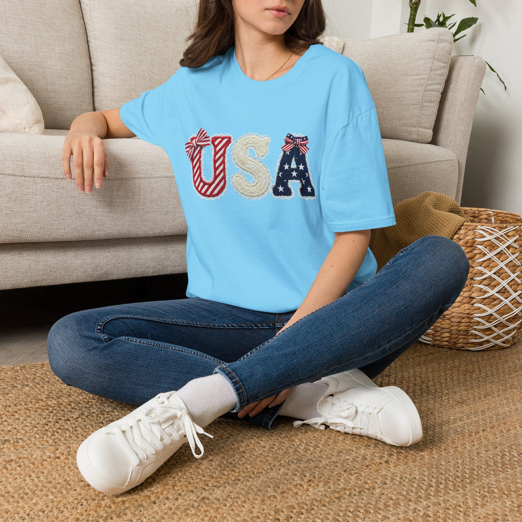 USA Applique T-Shirt — Patriotic 4th of July Flag Letter Tee