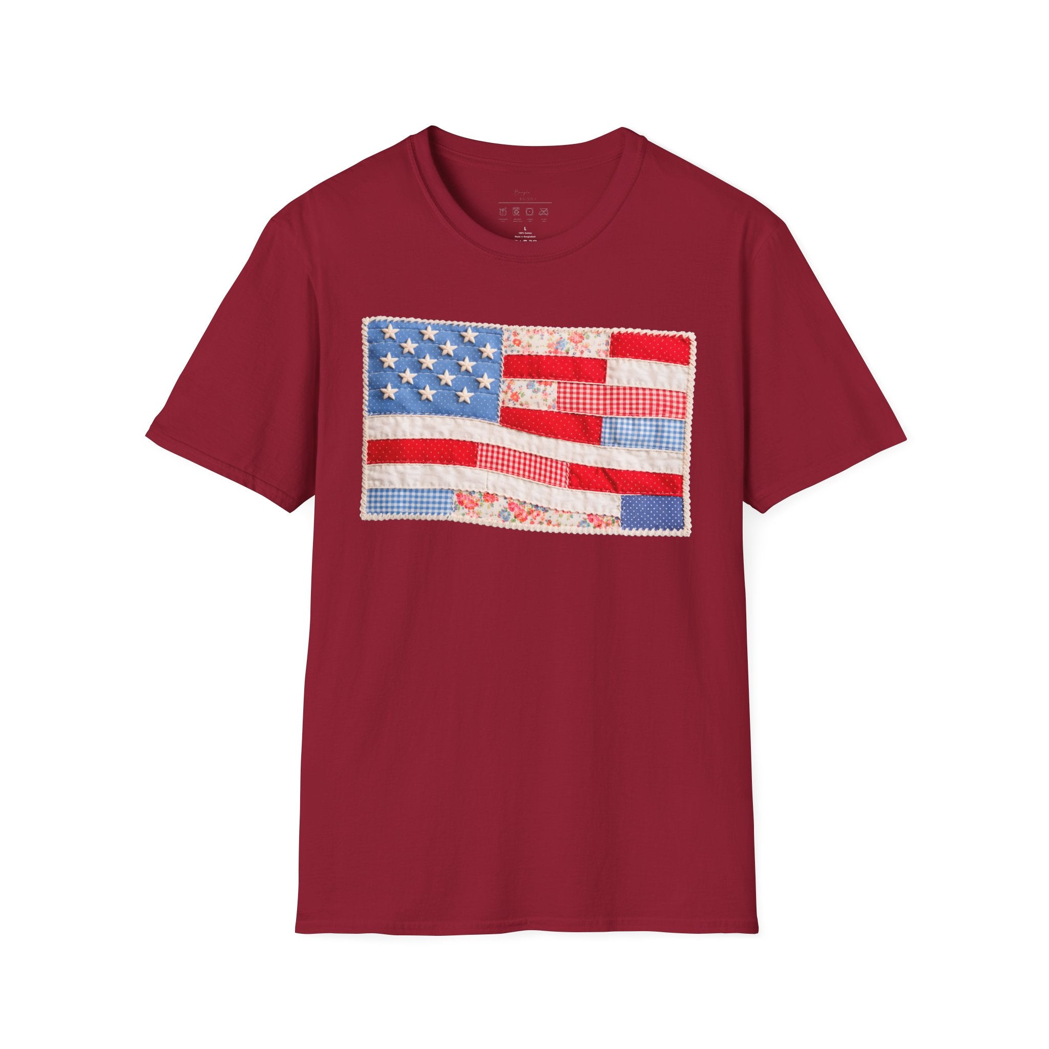 American Patchwork Flag T-Shirt — Vintage Floral Stars & Stripes Tee for 4th of July
