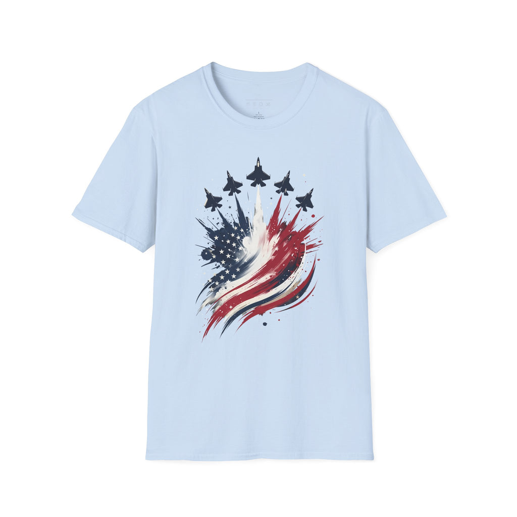 T-Shirt — Patriotic Jet Flyover with American Flag Splash