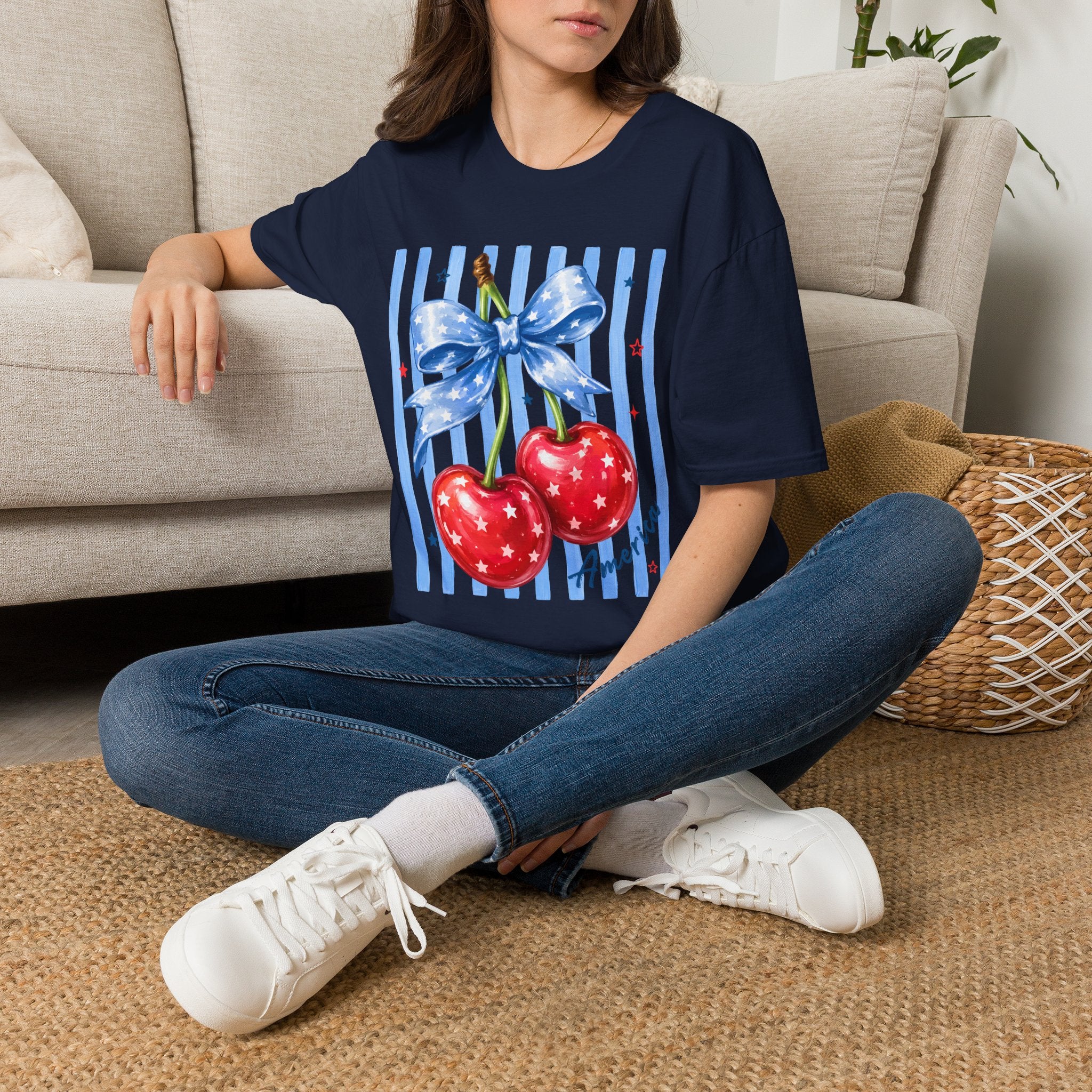 Cherry Graphic T-Shirt — Blue Bow & Striped Summer Tee