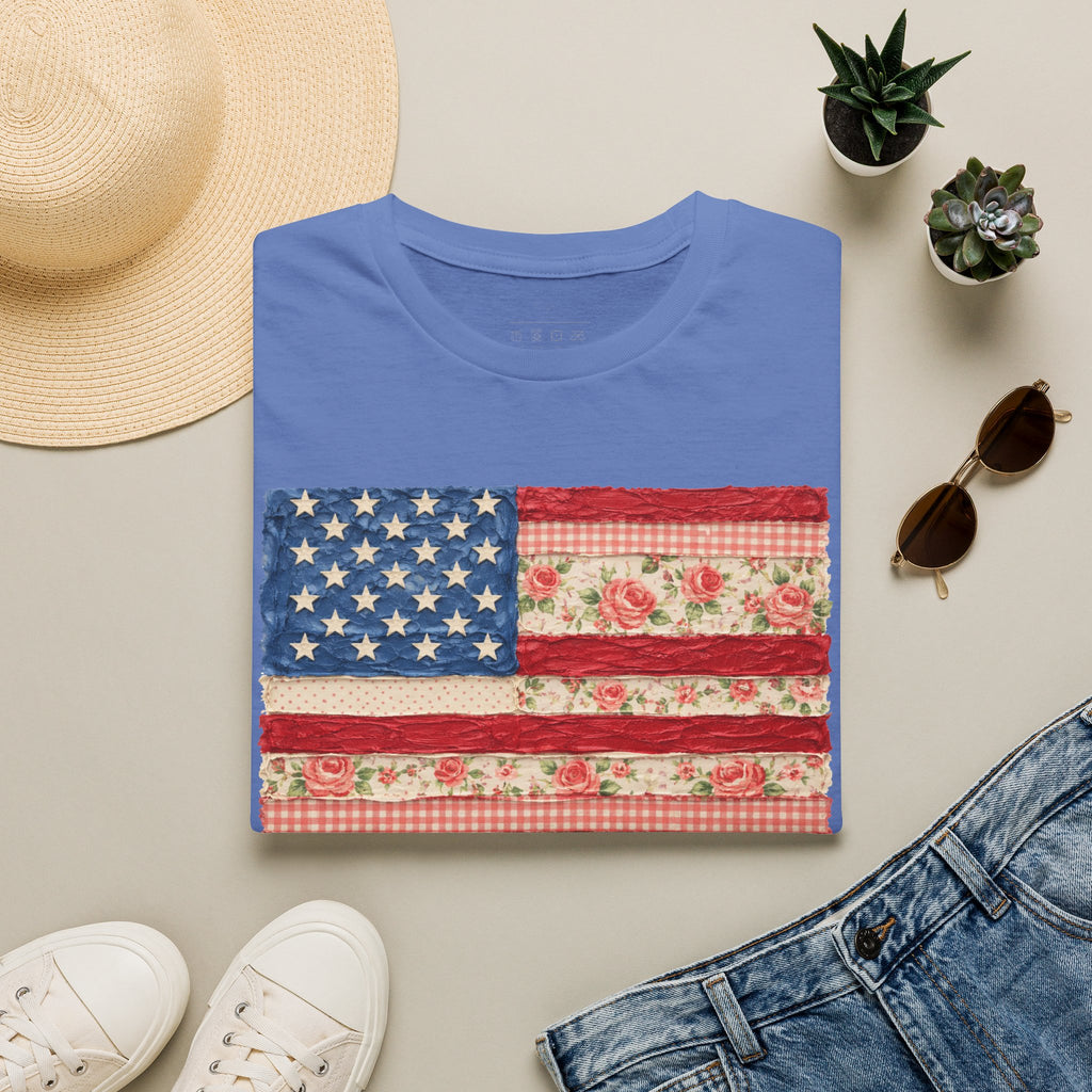 Patriotic Floral American Flag T-Shirt — Vintage Rose USA Tee for Fourth of July