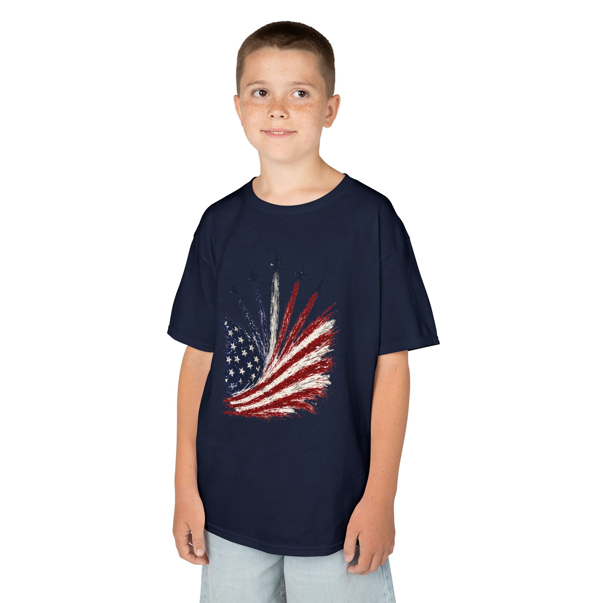 Youth,Kids T-Shirt — American Flag Jet Flyover Graphic