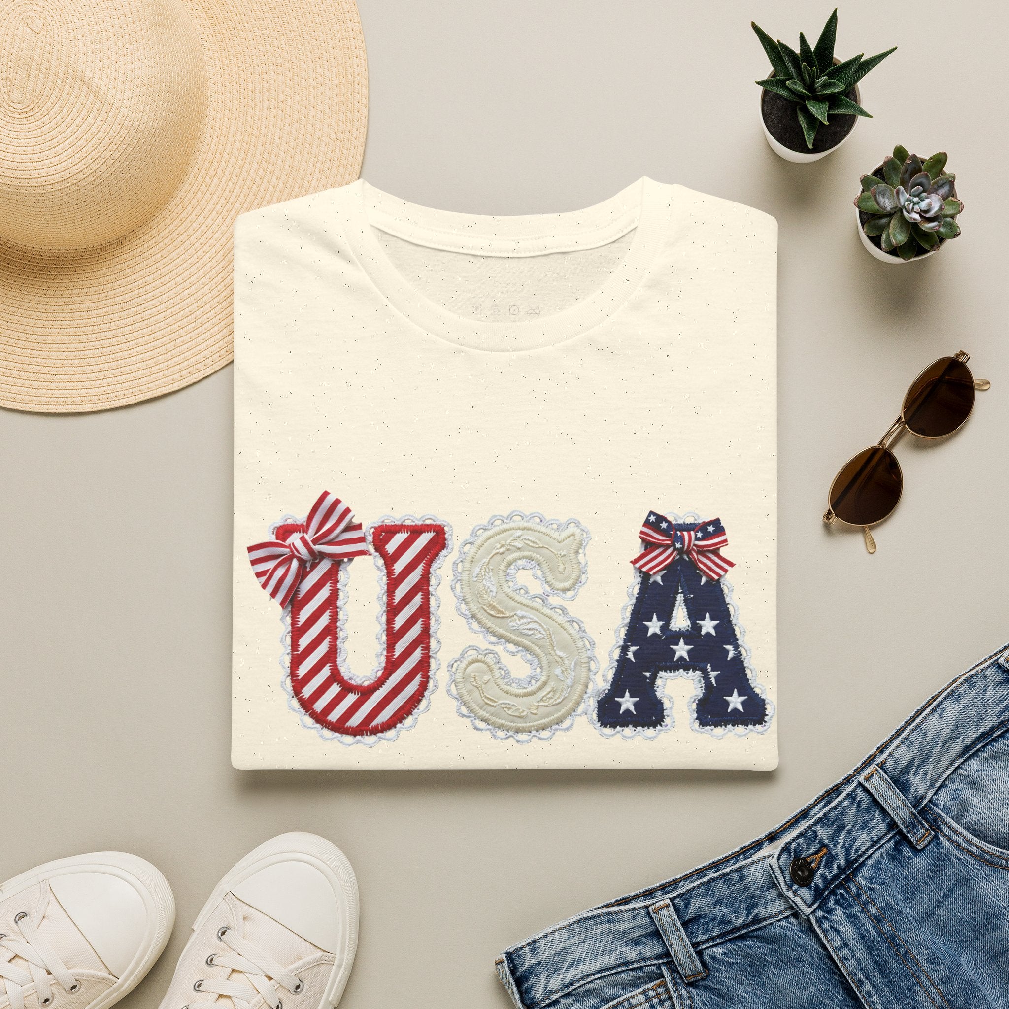 USA Applique T-Shirt — Patriotic 4th of July Flag Letter Tee