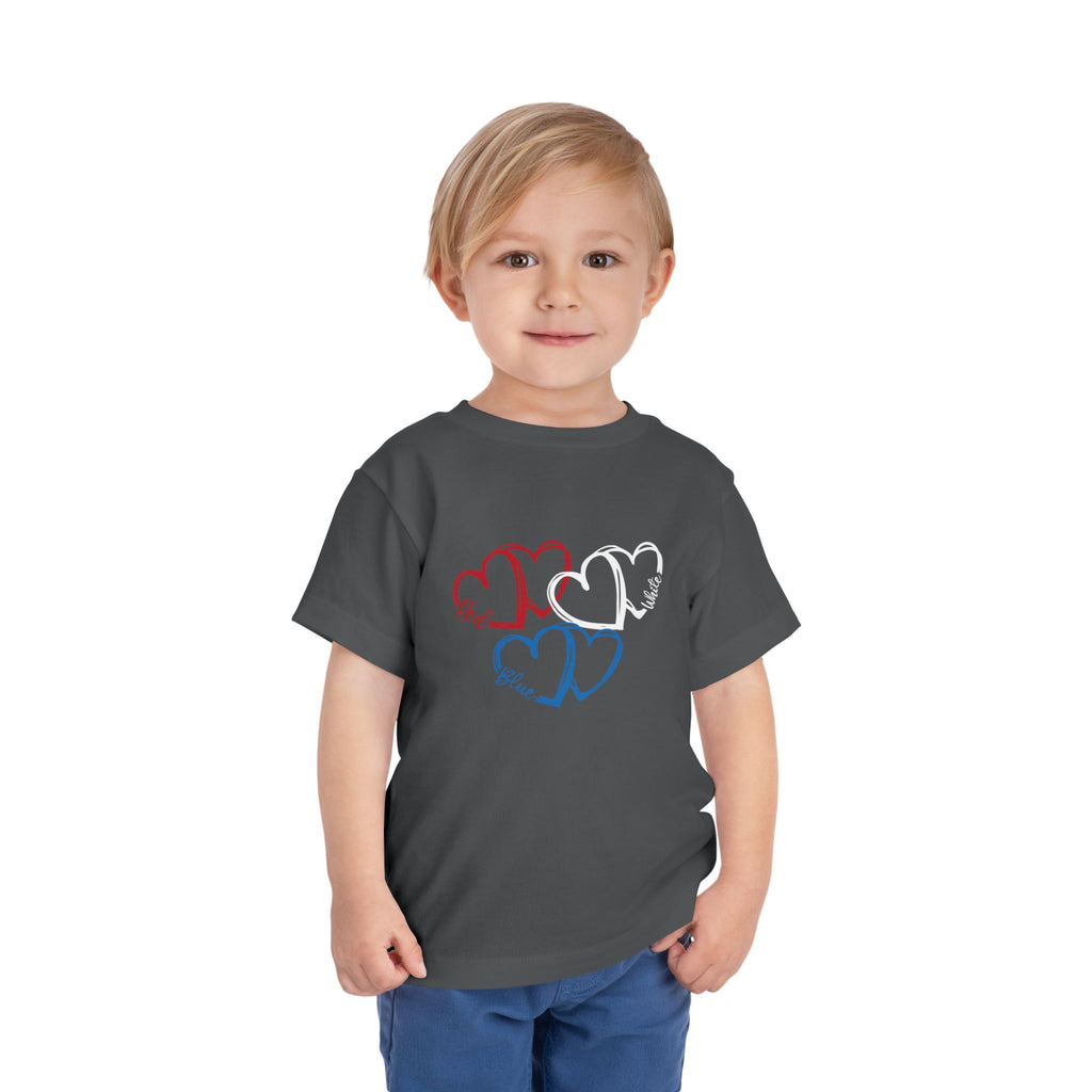 Toddler Tee — Red White Blue Heart Trio (Patriotic Kids Shirt)