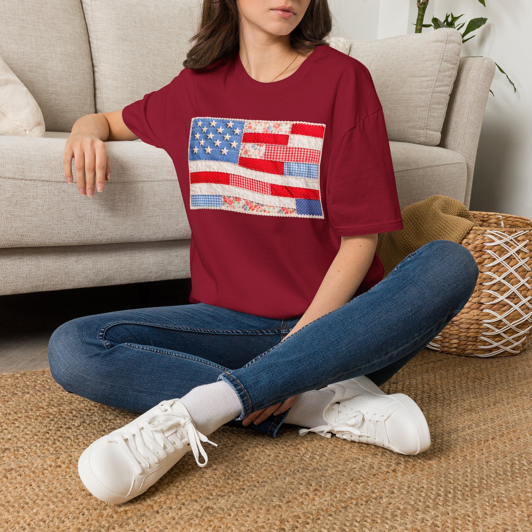 American Patchwork Flag T-Shirt — Vintage Floral Stars & Stripes Tee for 4th of July