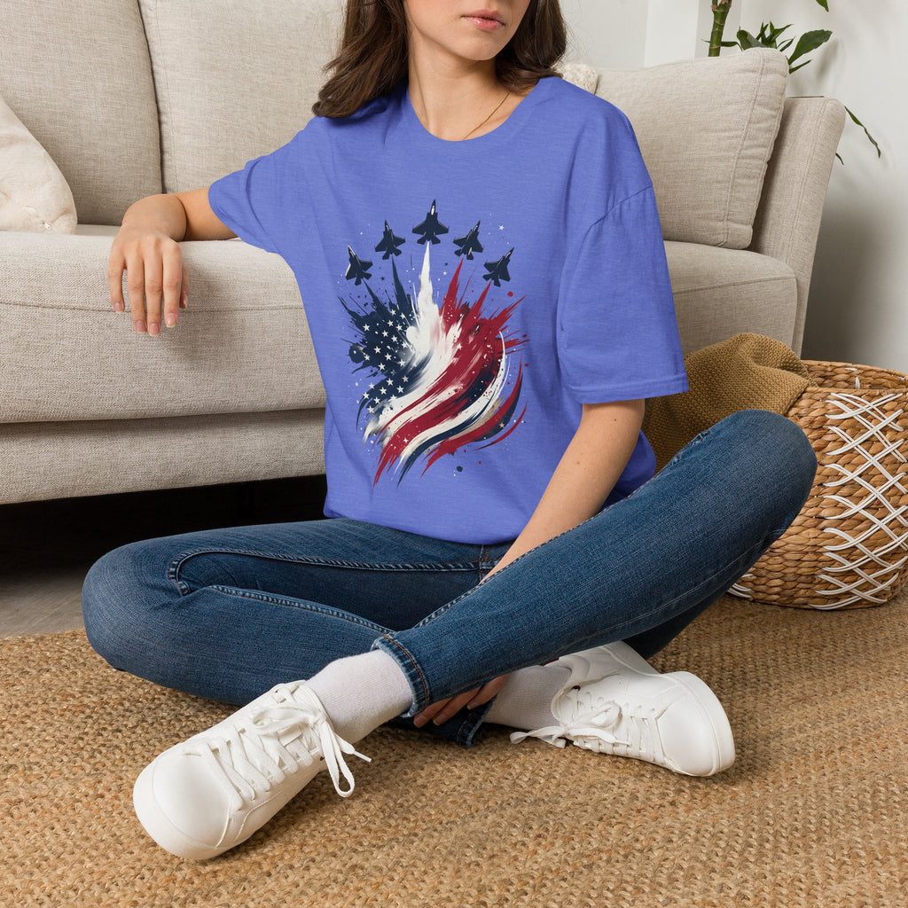 T-Shirt — Patriotic Jet Flyover with American Flag Splash