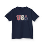 Youth, Kids USA Patriotic Tee — Red White & Blue Flag Letters