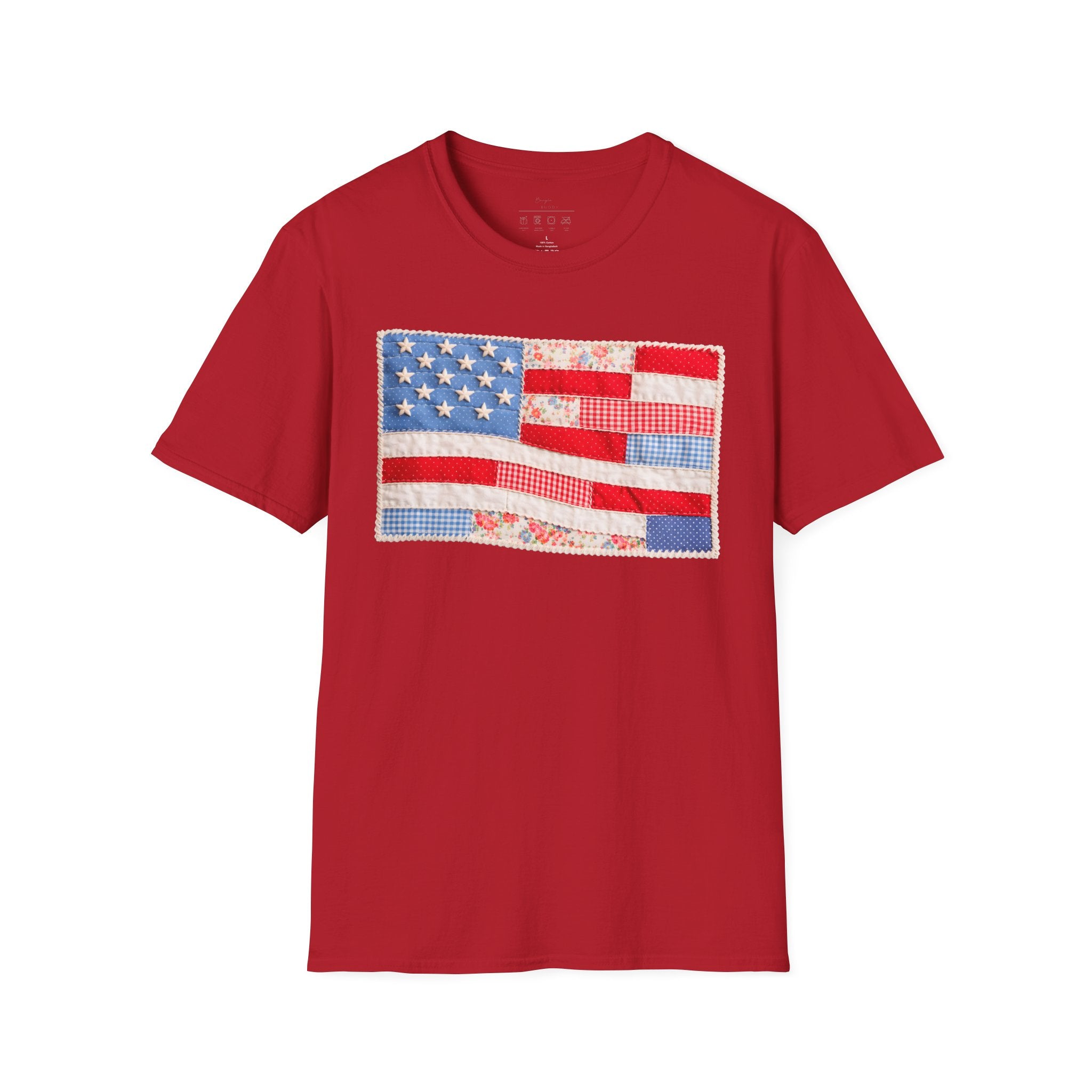 American Patchwork Flag T-Shirt — Vintage Floral Stars & Stripes Tee for 4th of July