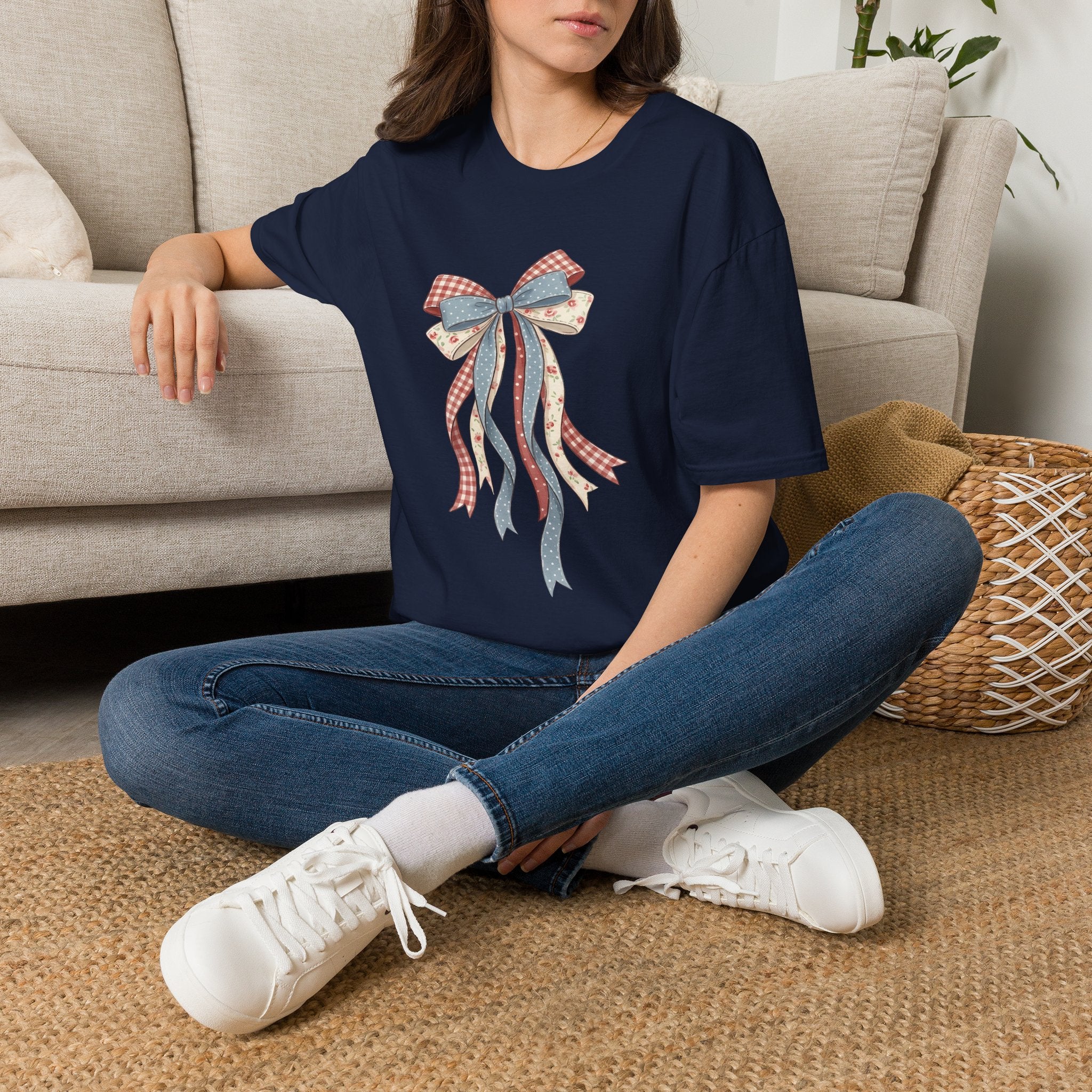 Bow Ribbon T-Shirt — Vintage Americana Floral & Gingham Bow Tee