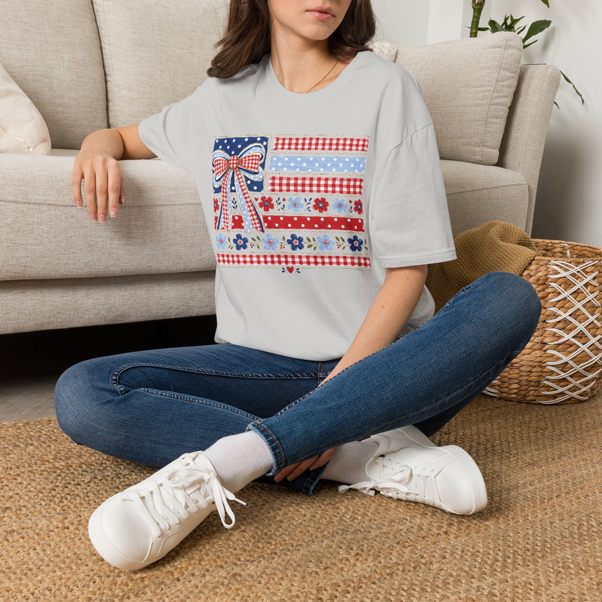 Red White Blue American Floral Plaid Tee
