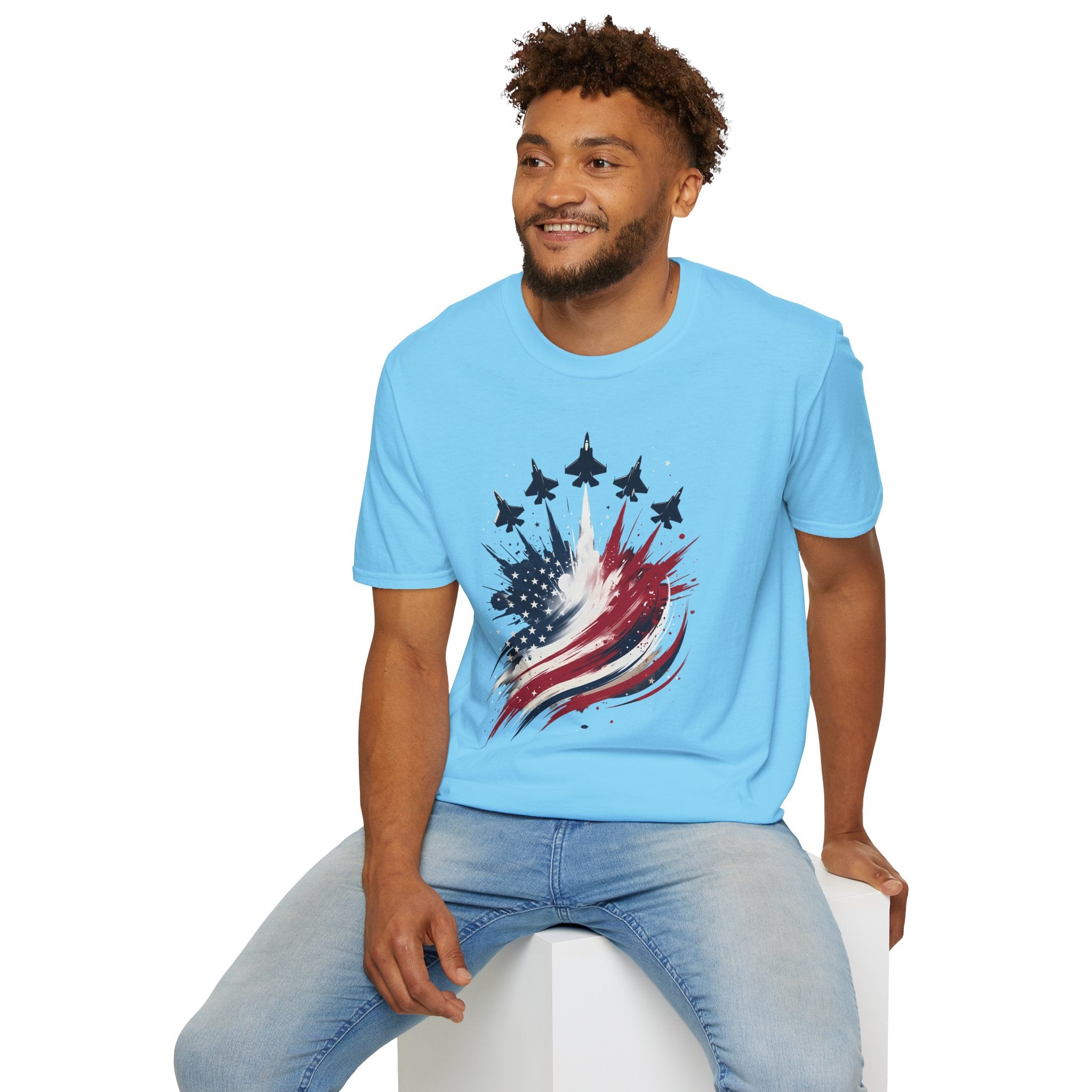 T-Shirt — Patriotic Jet Flyover with American Flag Splash
