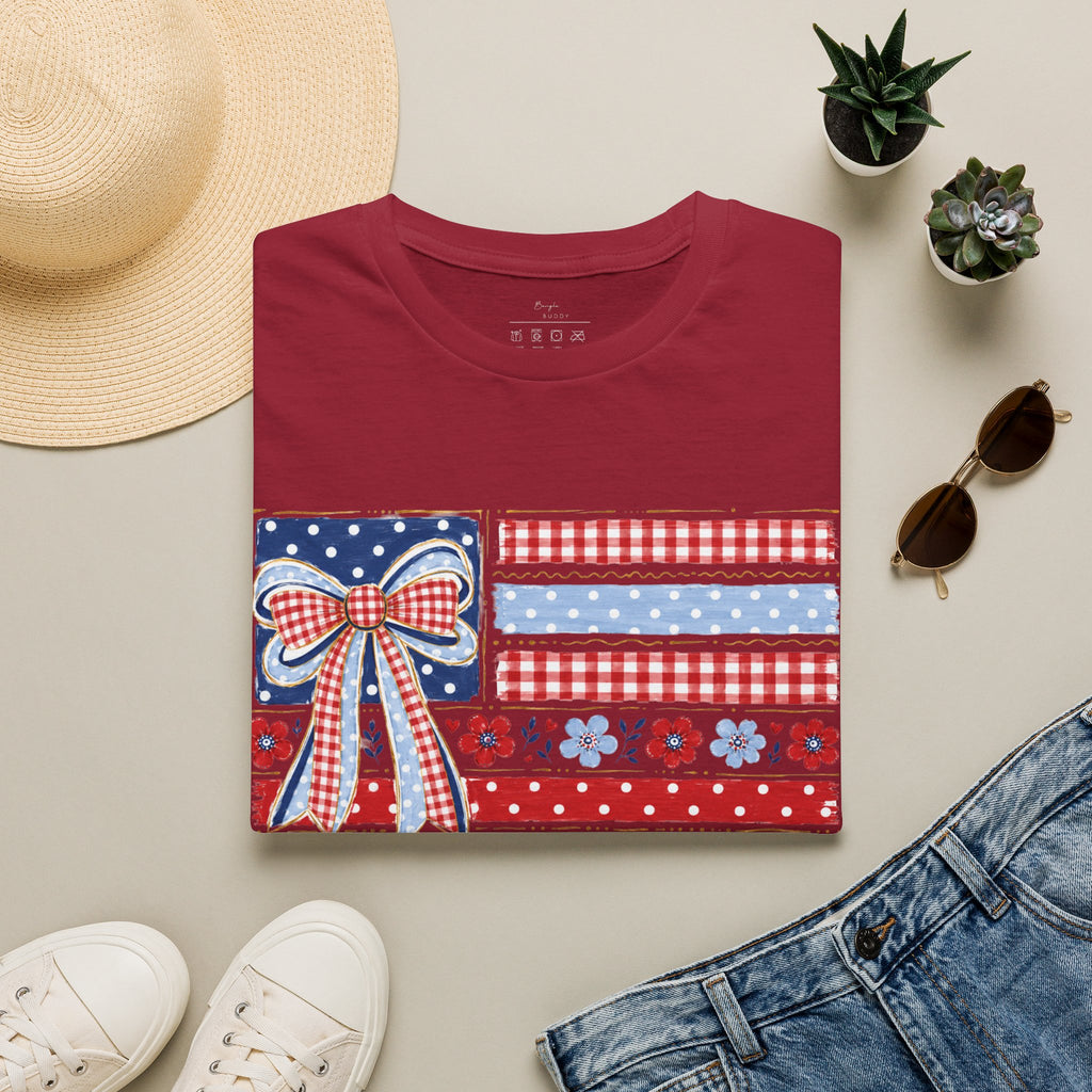 Patriotic Bow Flag T-Shirt – Red White Blue American Floral Plaid Tee