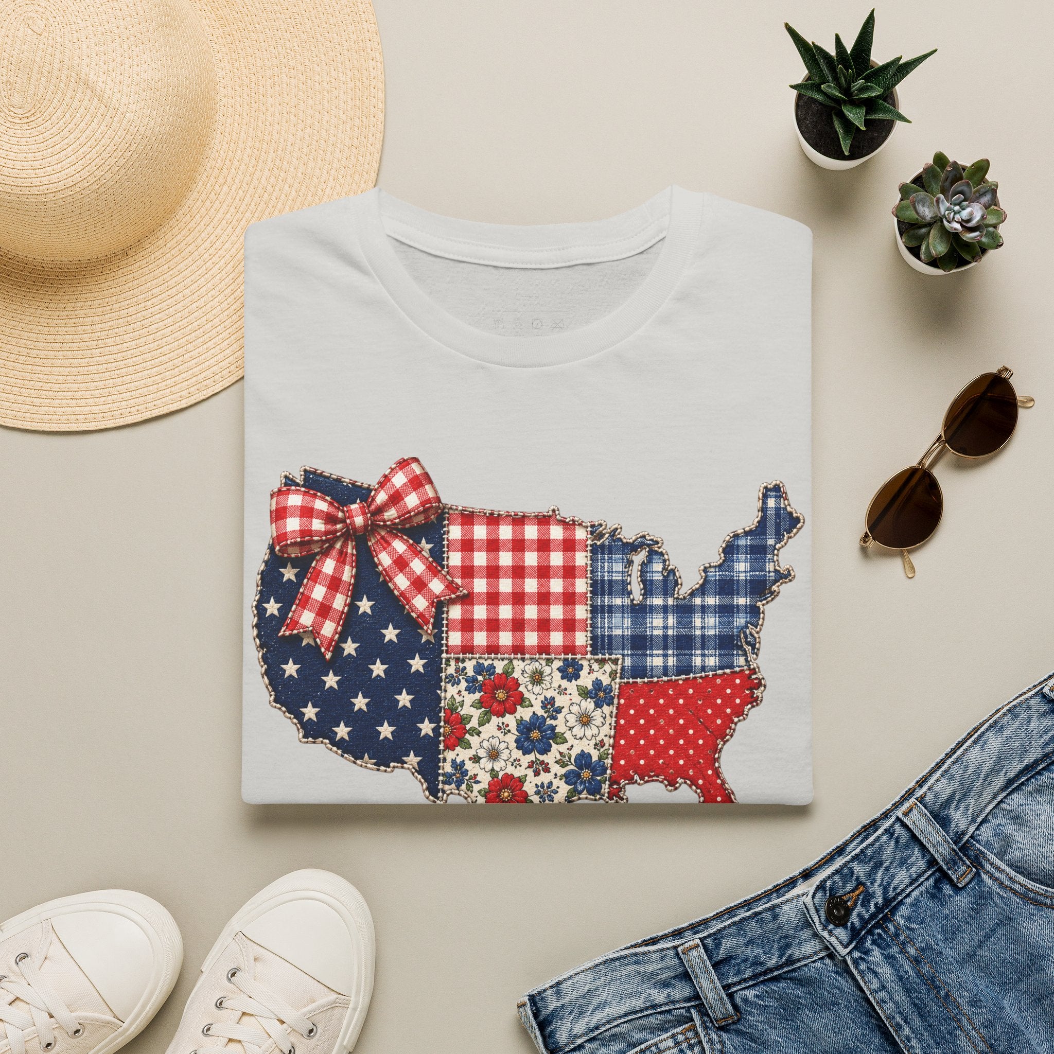 Patriotic Patchwork USA T-Shirt — Quilted Red White & Blue Map Tee