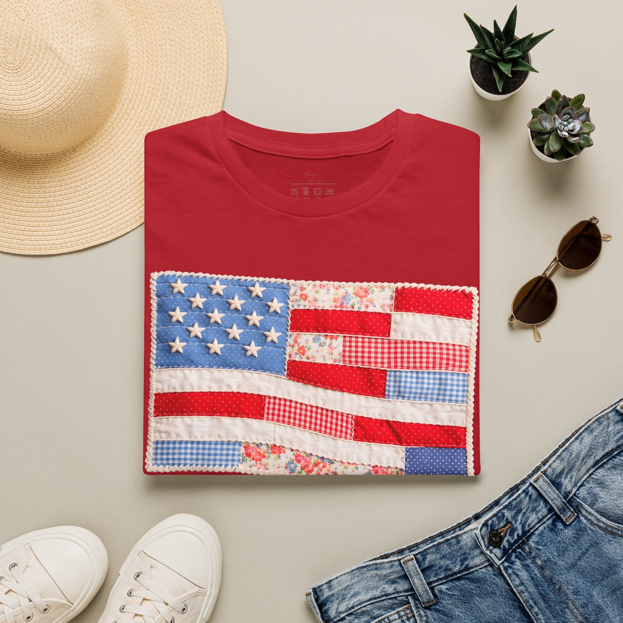 American Patchwork Flag T-Shirt — Vintage Floral Stars & Stripes Tee for 4th of July