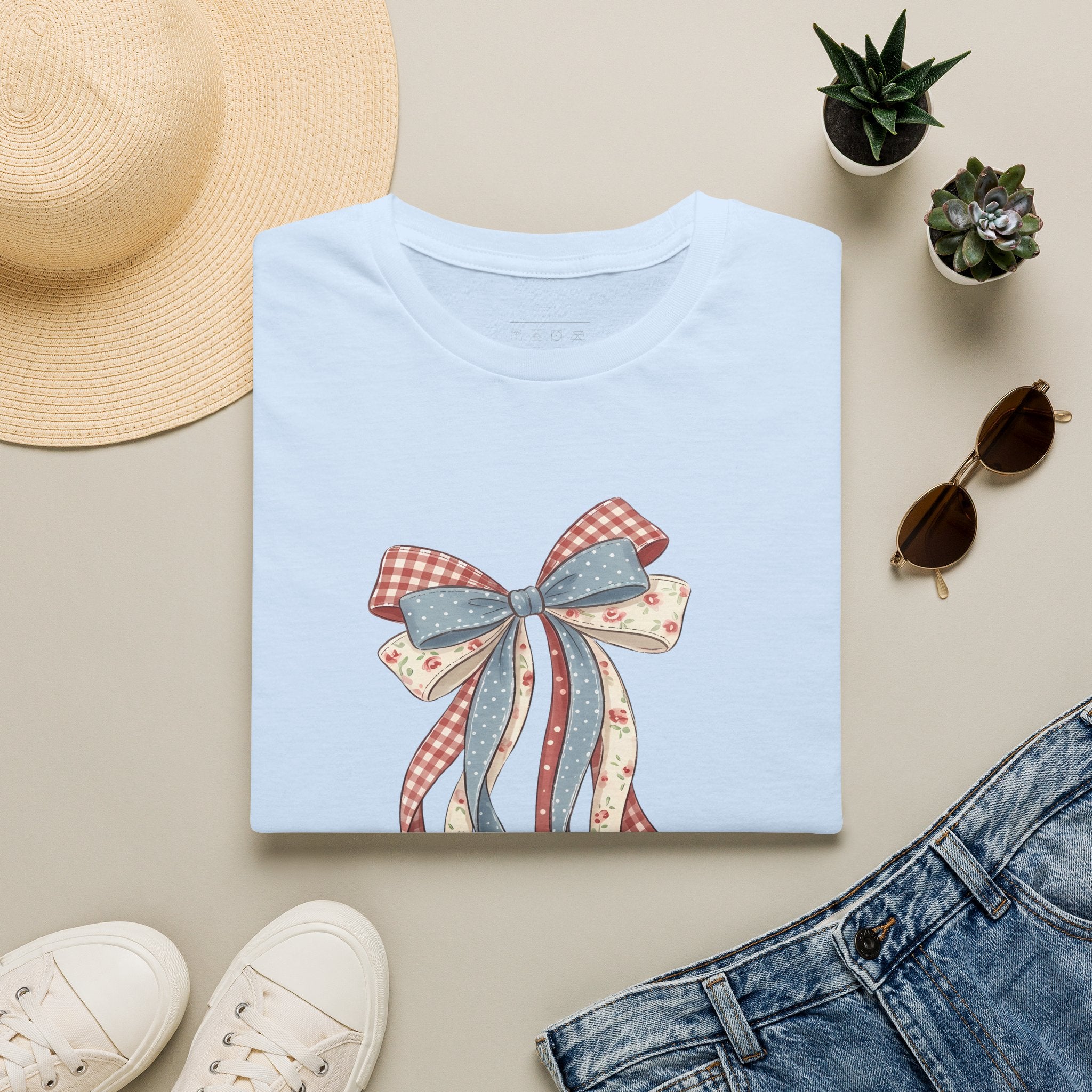 Bow Ribbon T-Shirt — Vintage Americana Floral & Gingham Bow Tee