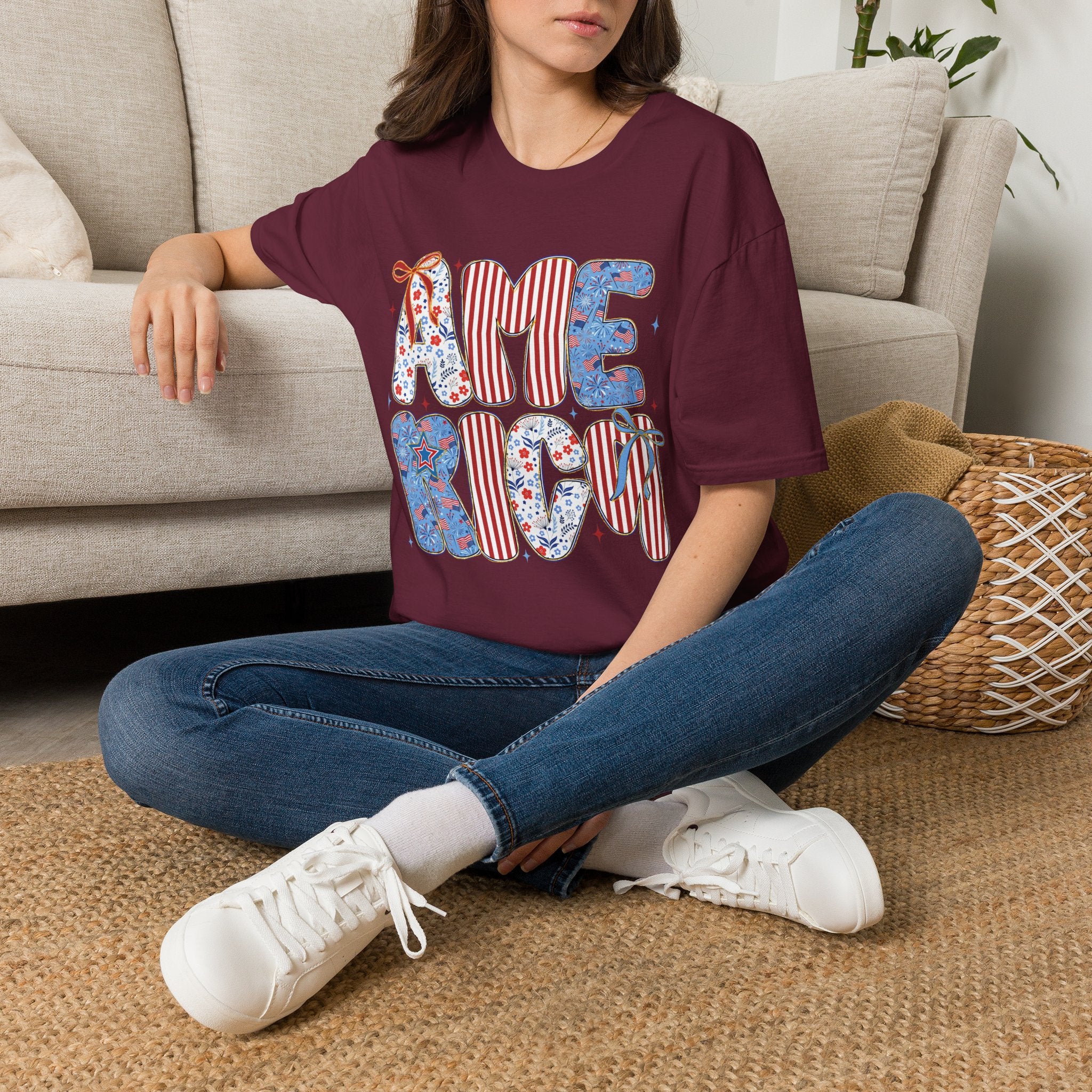 AME Retro Patriotic T-Shirt — Red White Blue Floral & Stripes Graphic Tee