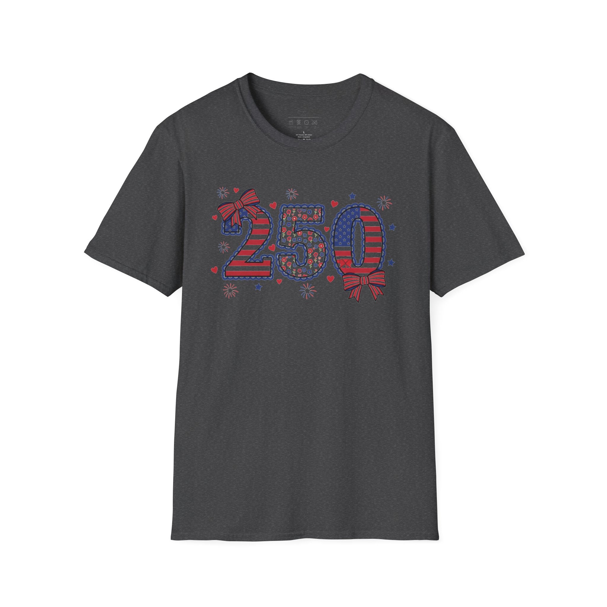 250 Patriotic T-Shirt — USA Flag Number Tee with Stars & Bows (Fourth of July)