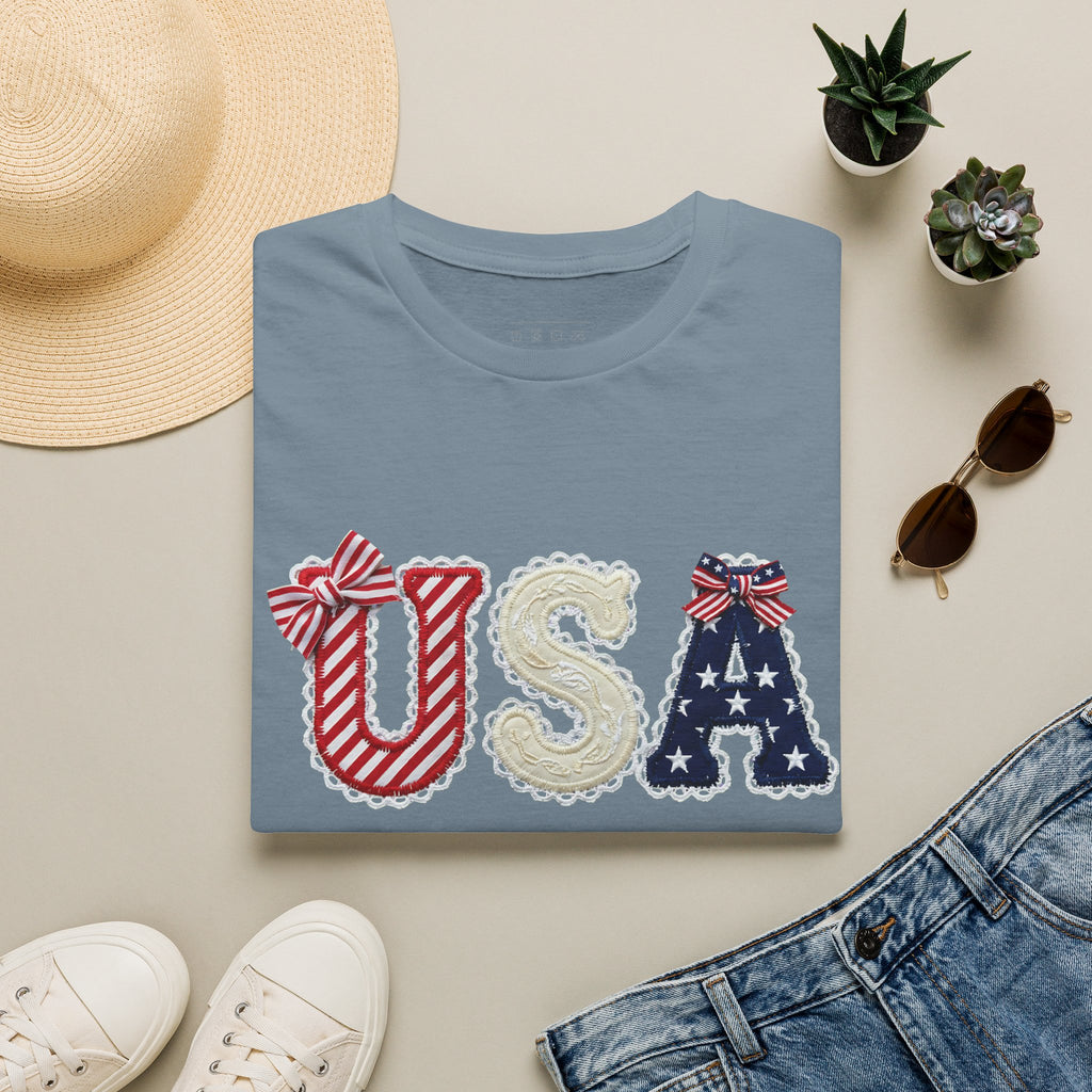 USA Applique T-Shirt — Patriotic 4th of July Flag Letter Tee
