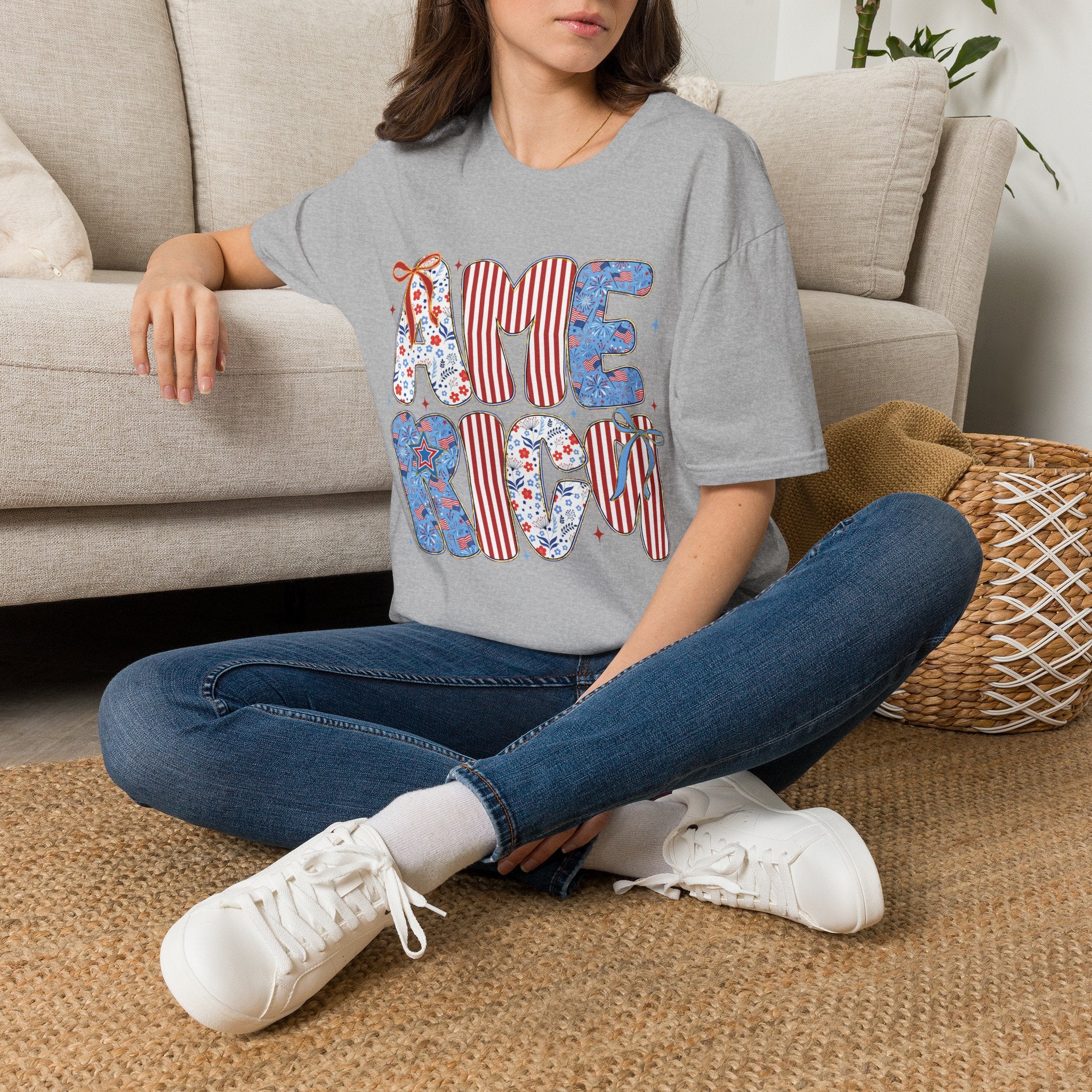 AME Retro Patriotic T-Shirt — Red White Blue Floral & Stripes Graphic Tee