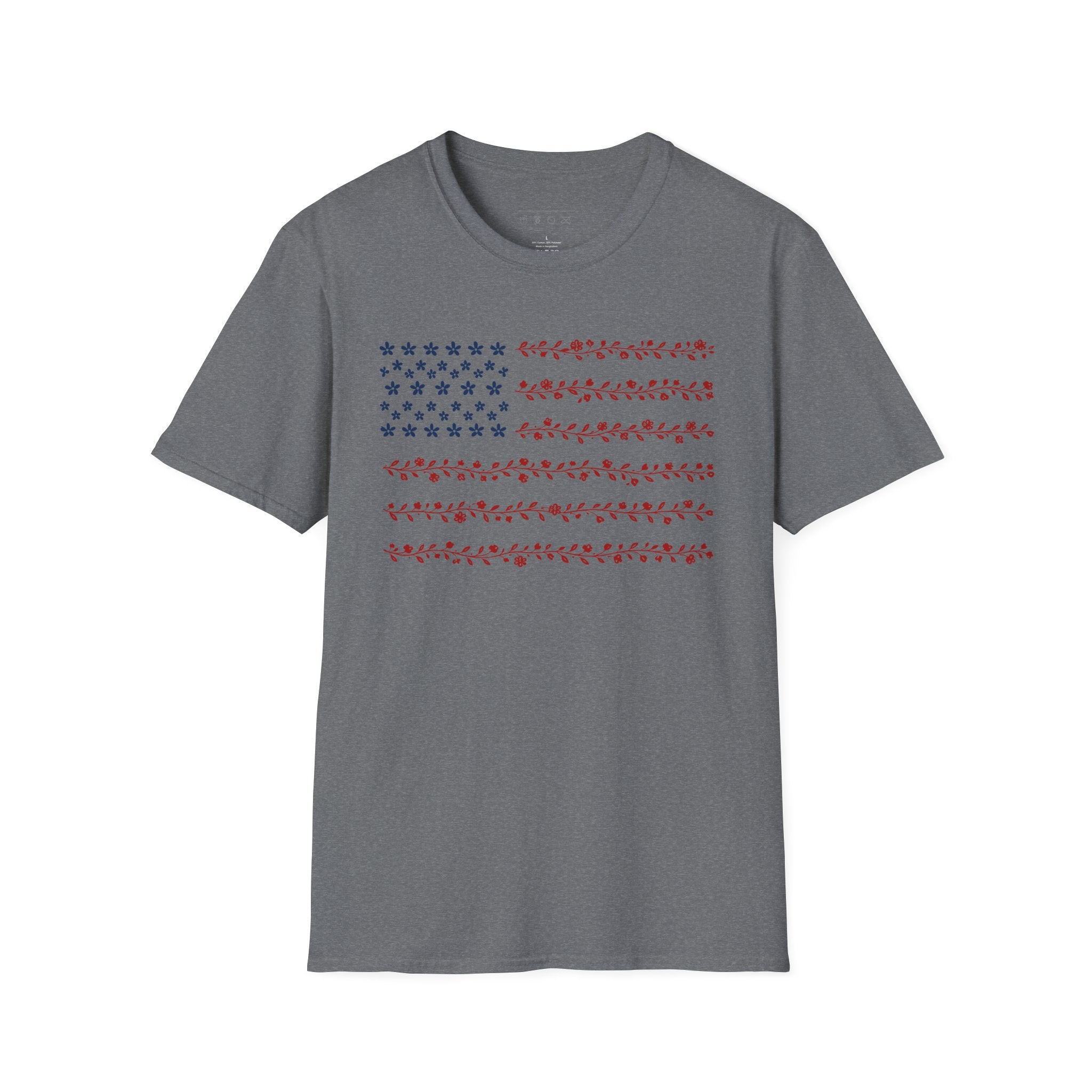 Floral American Flag T-Shirt — Patriotic Red & Blue Botanical Tee for 4th of July