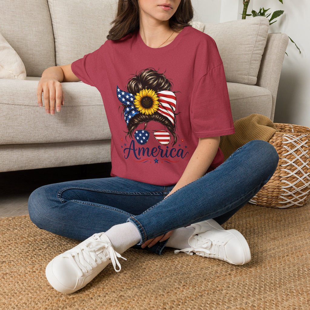 T-Shirt — Patriotic Sunflower Messy Bun (America)