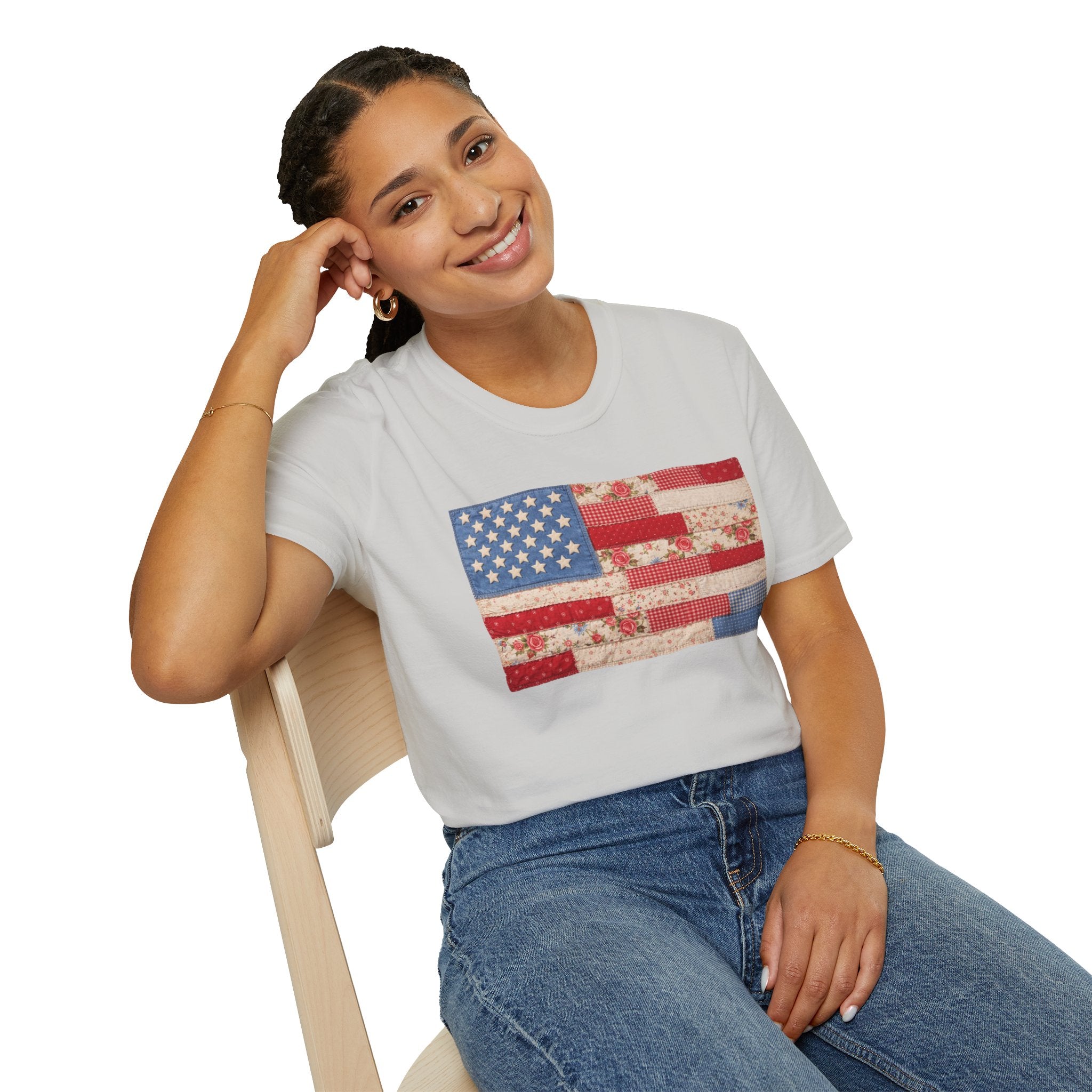 Patchwork American Flag T-Shirt — Vintage Floral Patriotic Tee