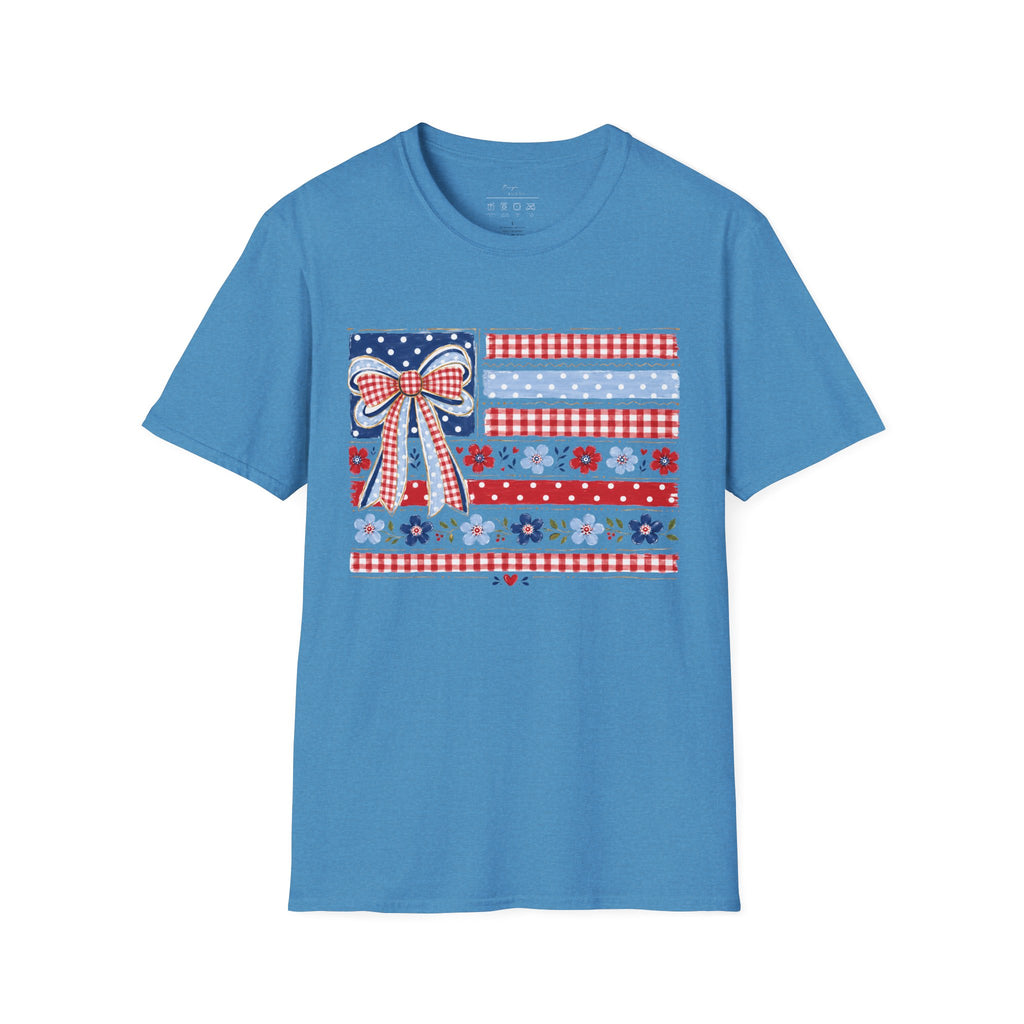 Patriotic Bow Flag T-Shirt – Red White Blue American Floral Plaid Tee