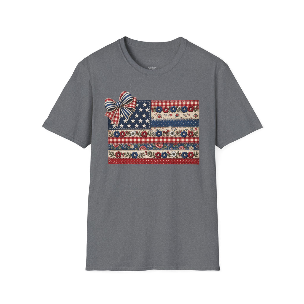 Patriotic Floral Flag T-Shirt — Americana Bow Stars & Stripes Top