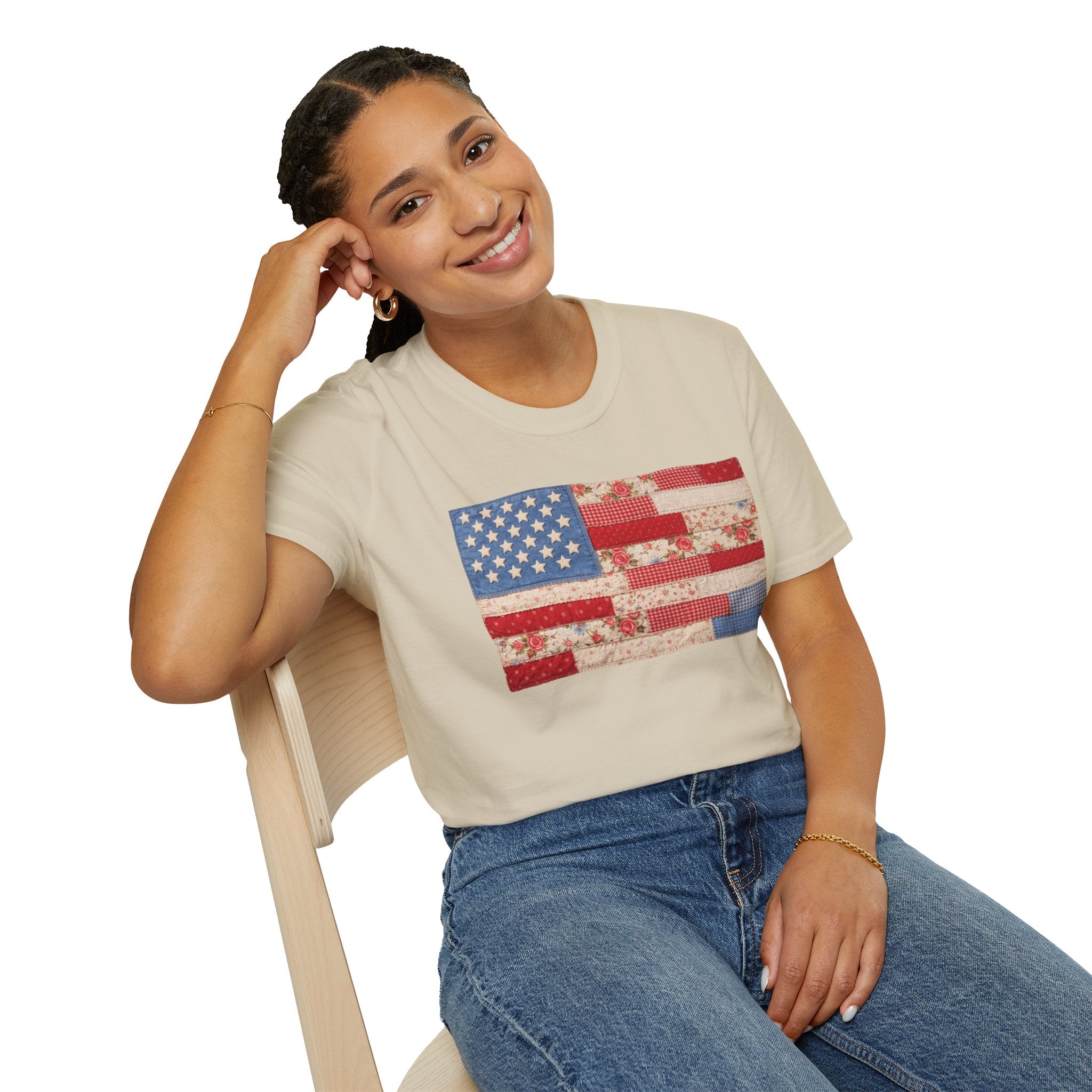 Patchwork American Flag T-Shirt — Vintage Floral Patriotic Tee