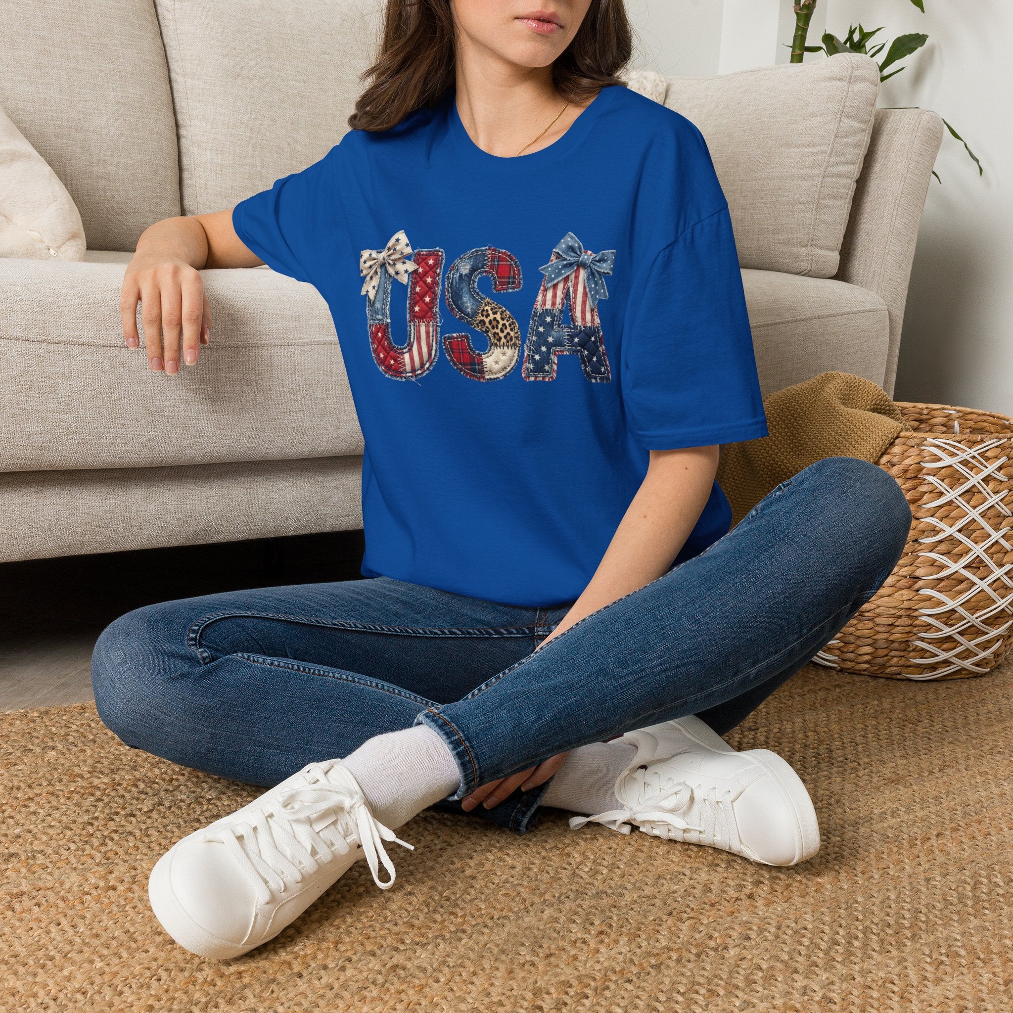 USA Patriotic T-Shirt — Distressed Flag Letters with Bows (4th of July)