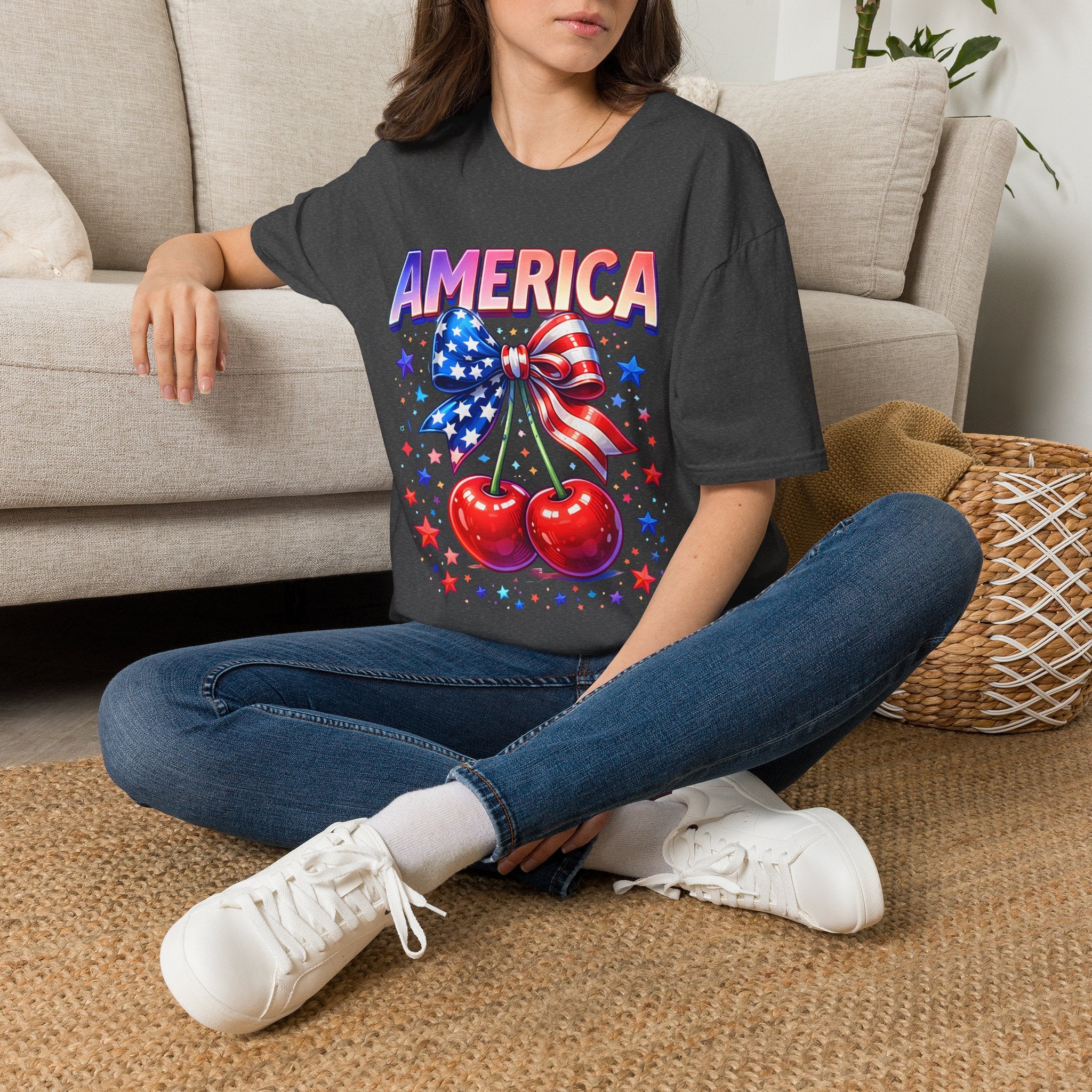America Patriotic Cherry Graphic T-Shirt — USA Flag Bow 4th of July Tee