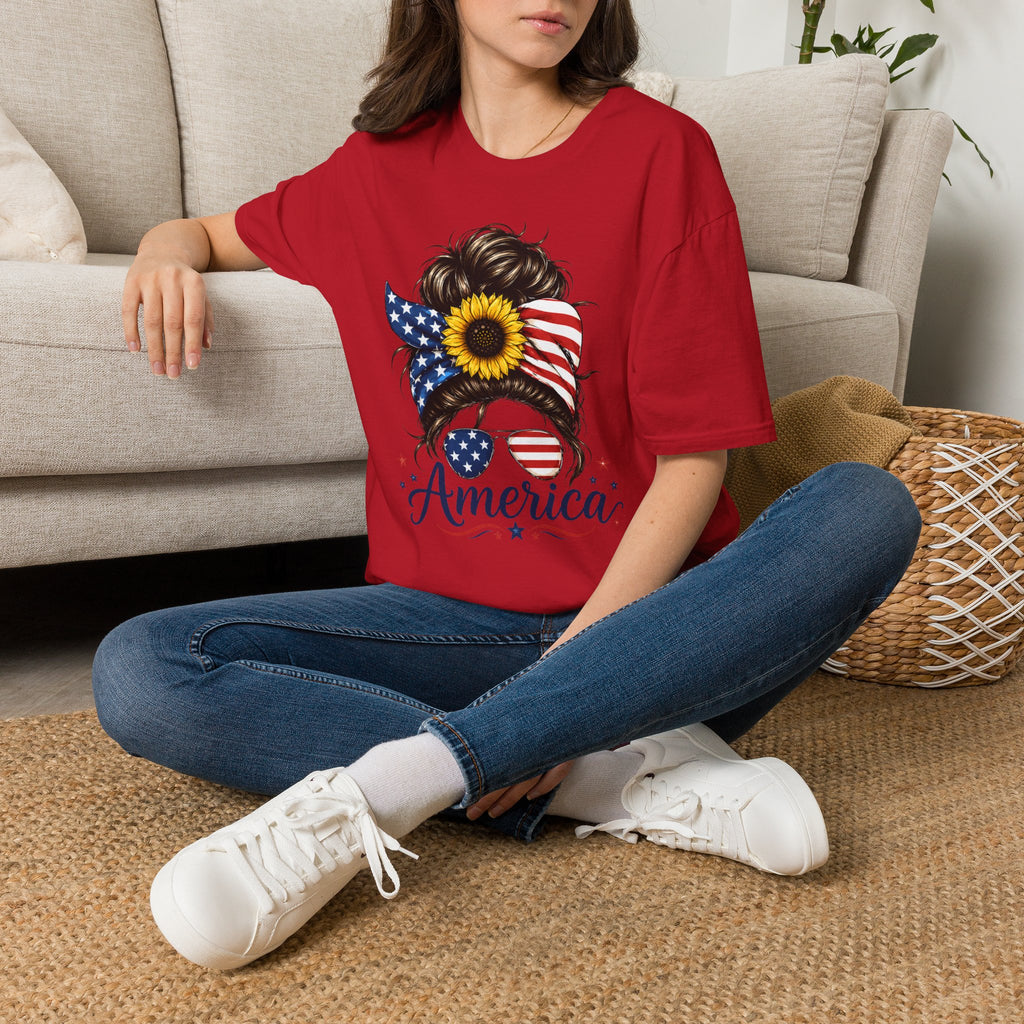 T-Shirt — Patriotic Sunflower Messy Bun (America)