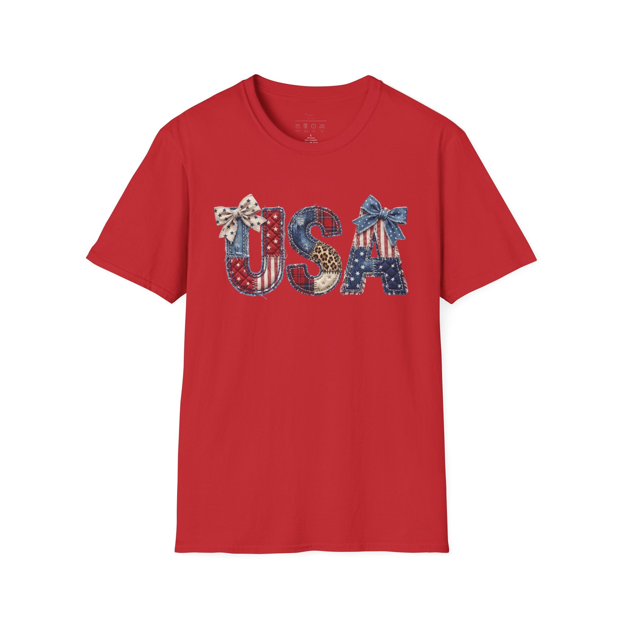 USA Patriotic T-Shirt — Distressed Flag Letters with Bows (4th of July)