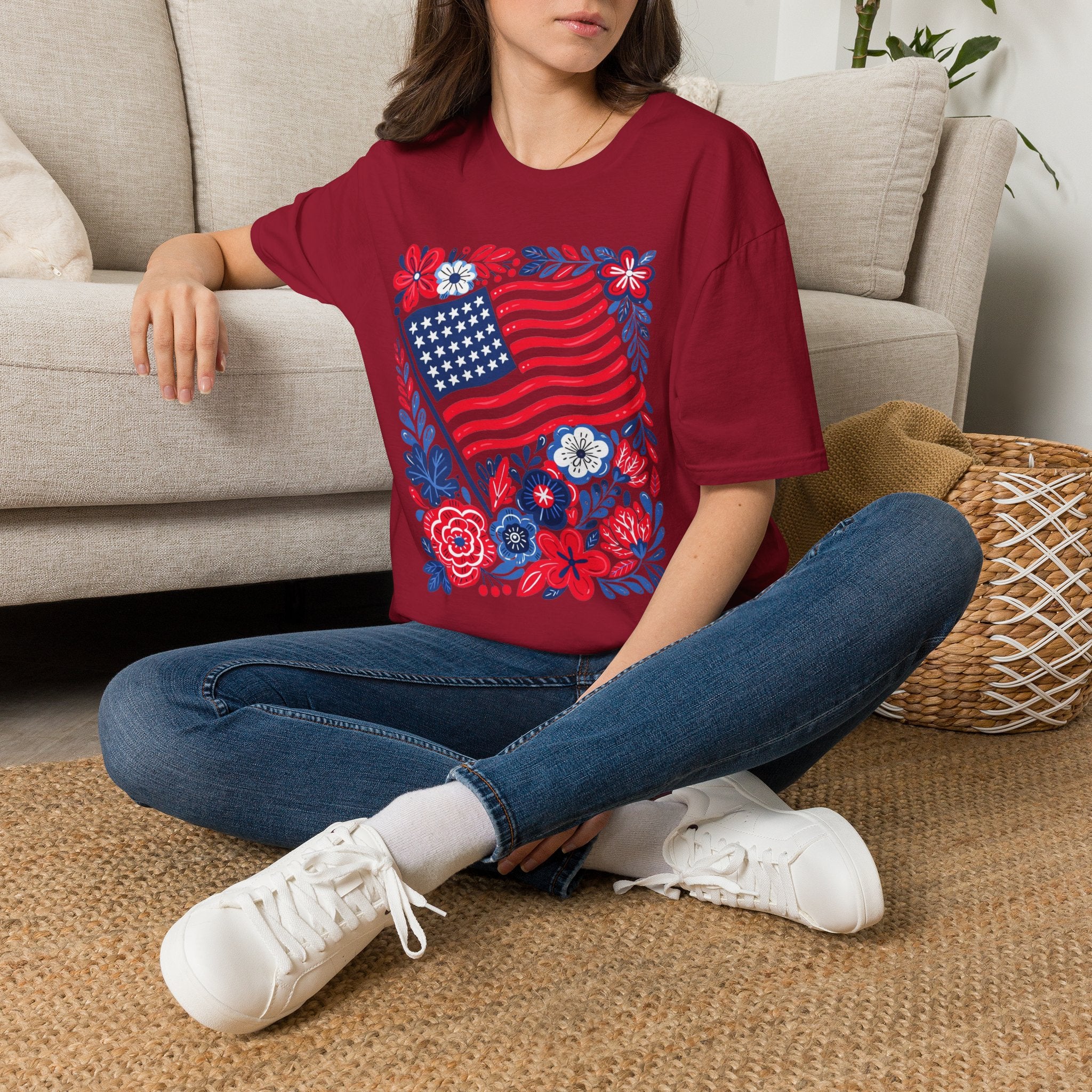 American Flag Floral T-Shirt — Patriotic Stars & Stripes Tee