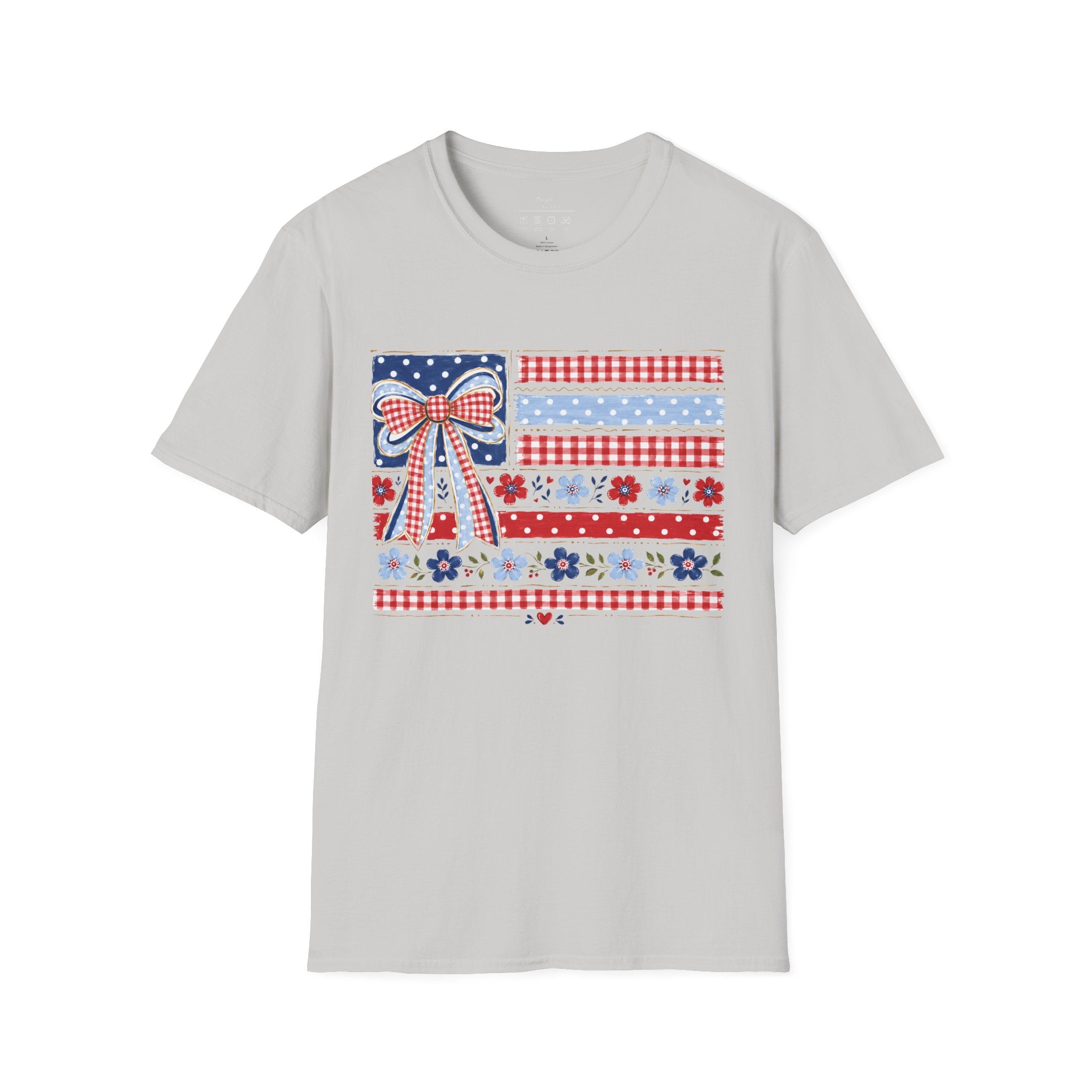 Patriotic Bow Flag T-Shirt – Red White Blue American Floral Plaid Tee
