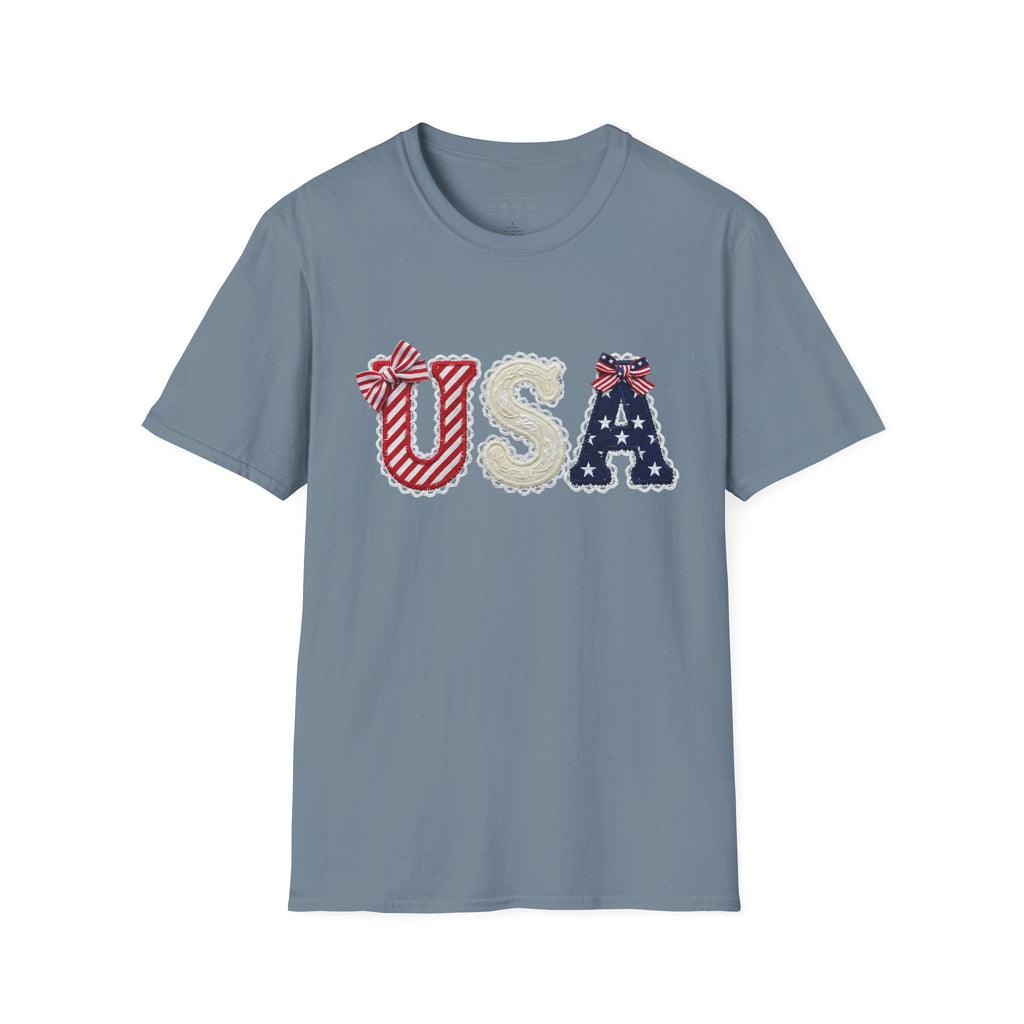 USA Applique T-Shirt — Patriotic 4th of July Flag Letter Tee