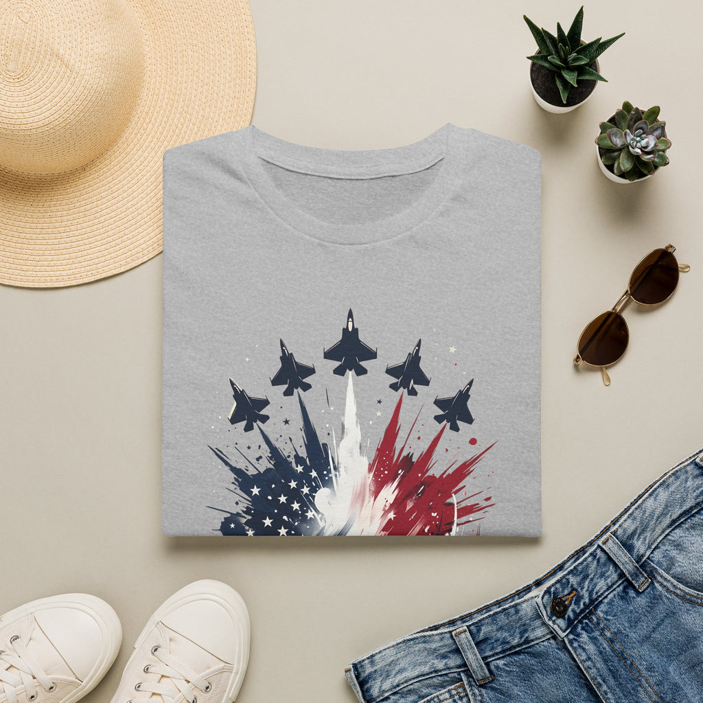T-Shirt — Patriotic Jet Flyover with American Flag Splash