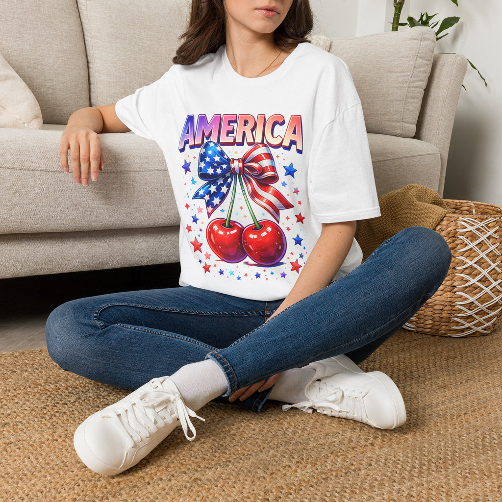 America Patriotic Cherry Graphic T-Shirt — USA Flag Bow 4th of July Tee