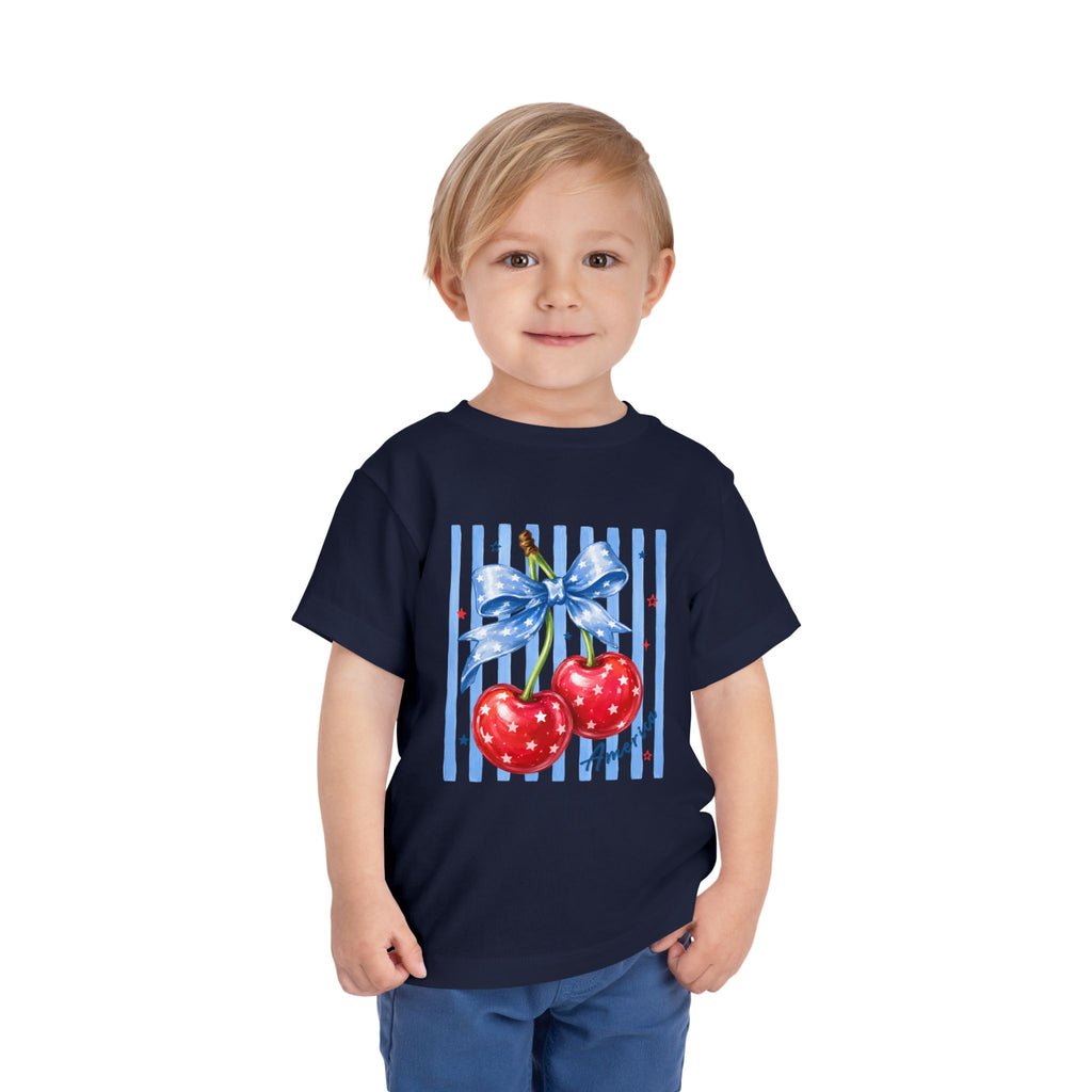 Toddler Tee Cherry Bow   — Cute Red Cherries with Blue Stripes