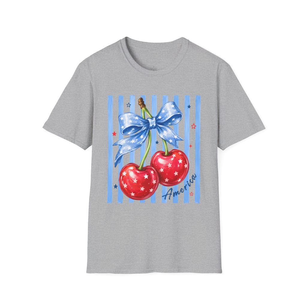 Cherry Graphic T-Shirt — Blue Bow & Striped Summer Tee