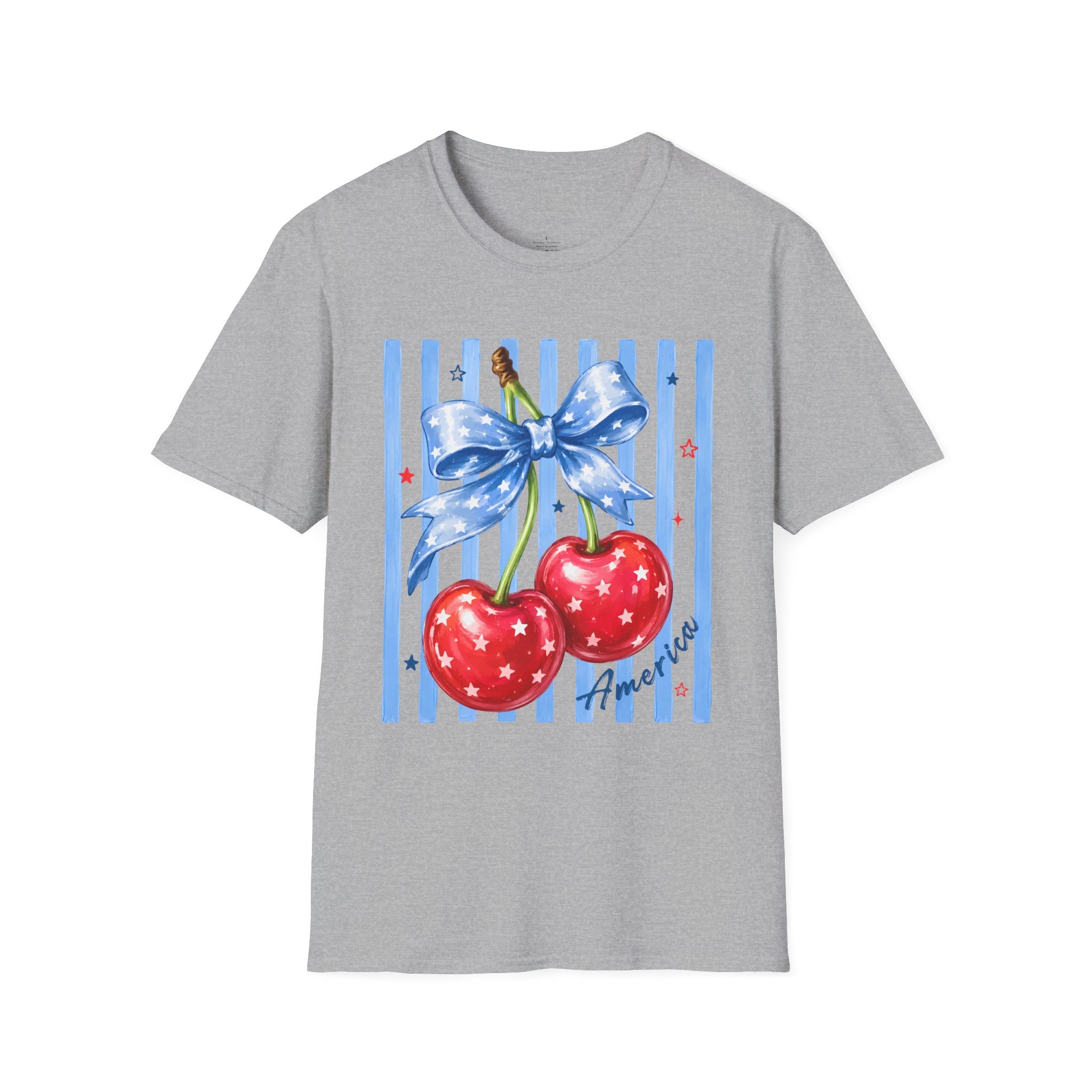 Cherry Graphic T-Shirt — Blue Bow & Striped Summer Tee