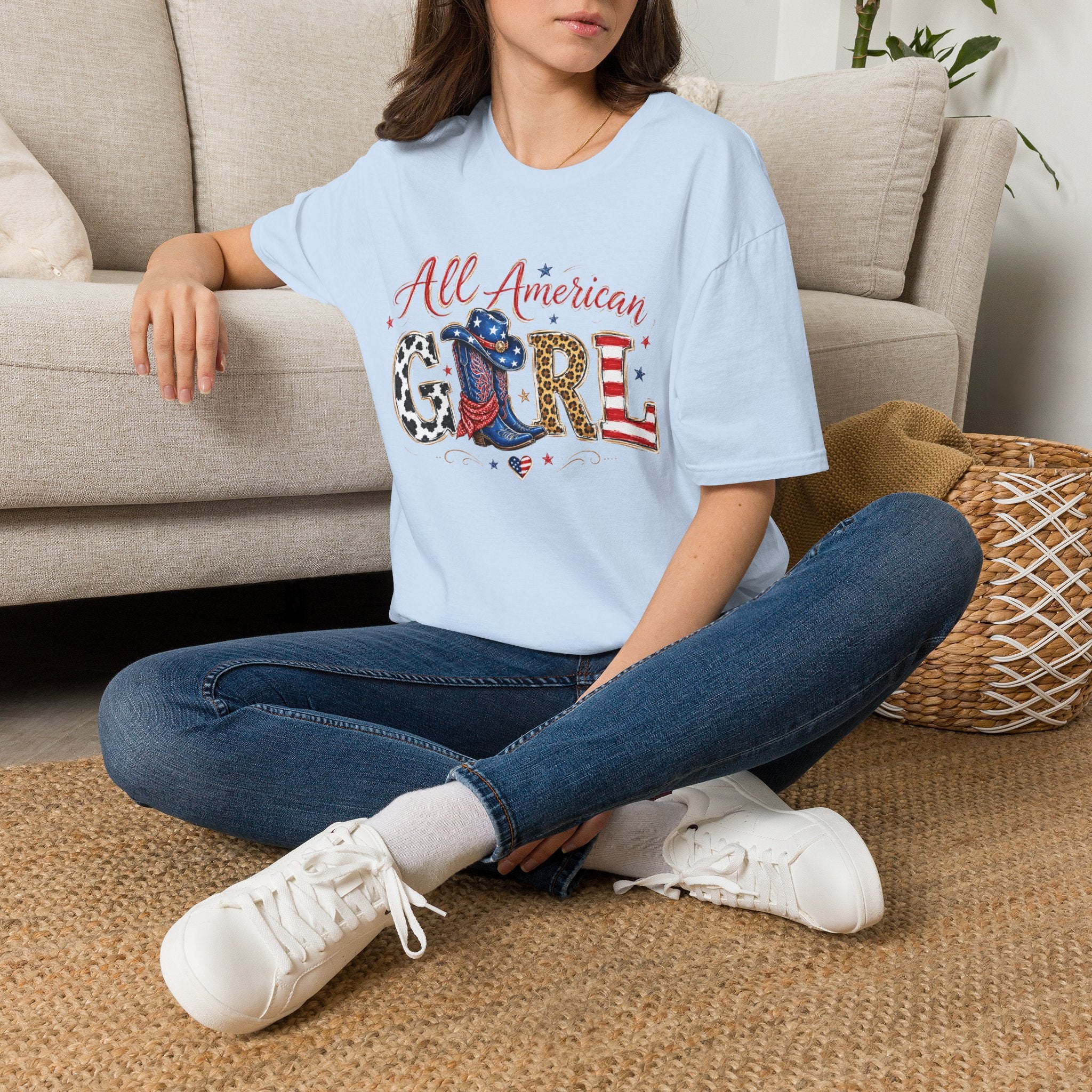 All American Girl T-Shirt — Patriotic USA Leopard & Flag Graphic Tee