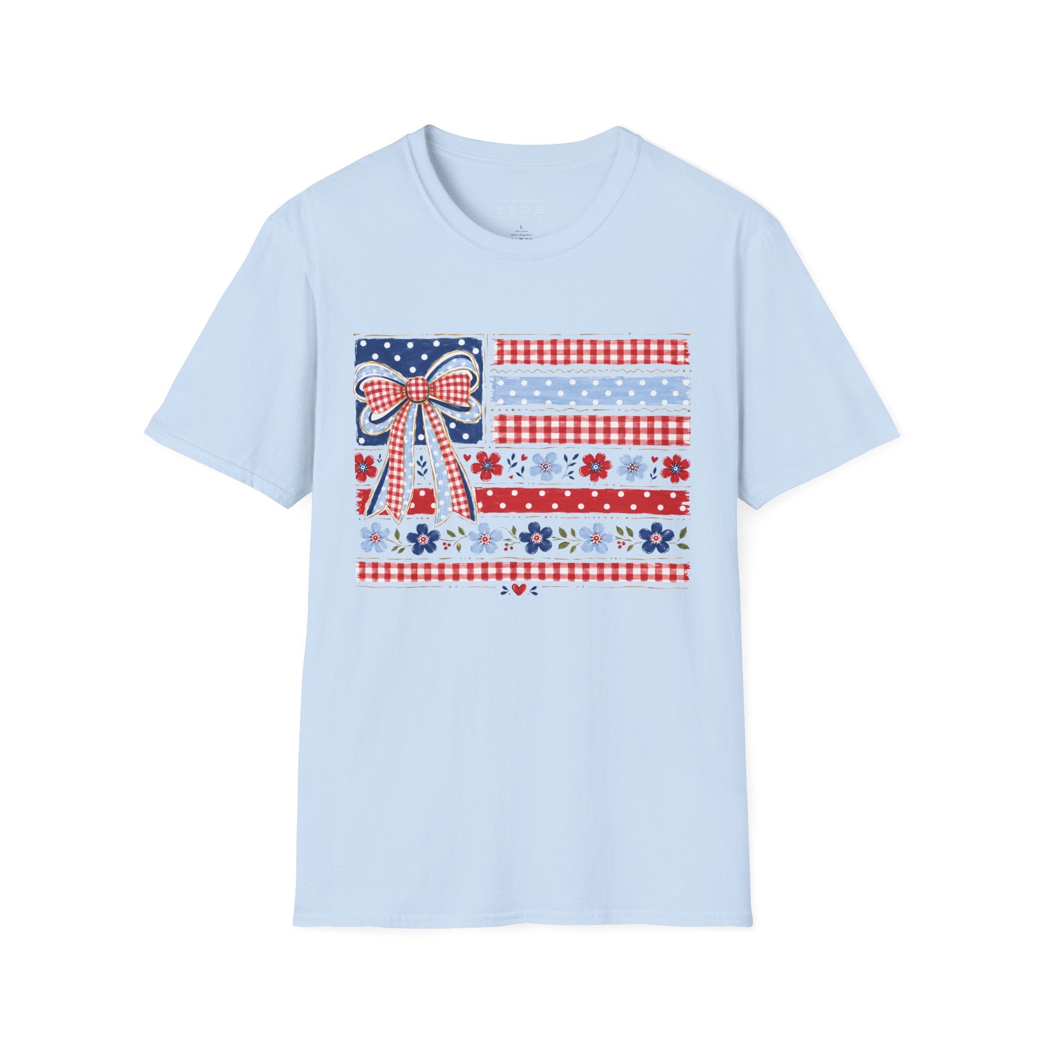 Patriotic Bow Flag T-Shirt – Red White Blue American Floral Plaid Tee