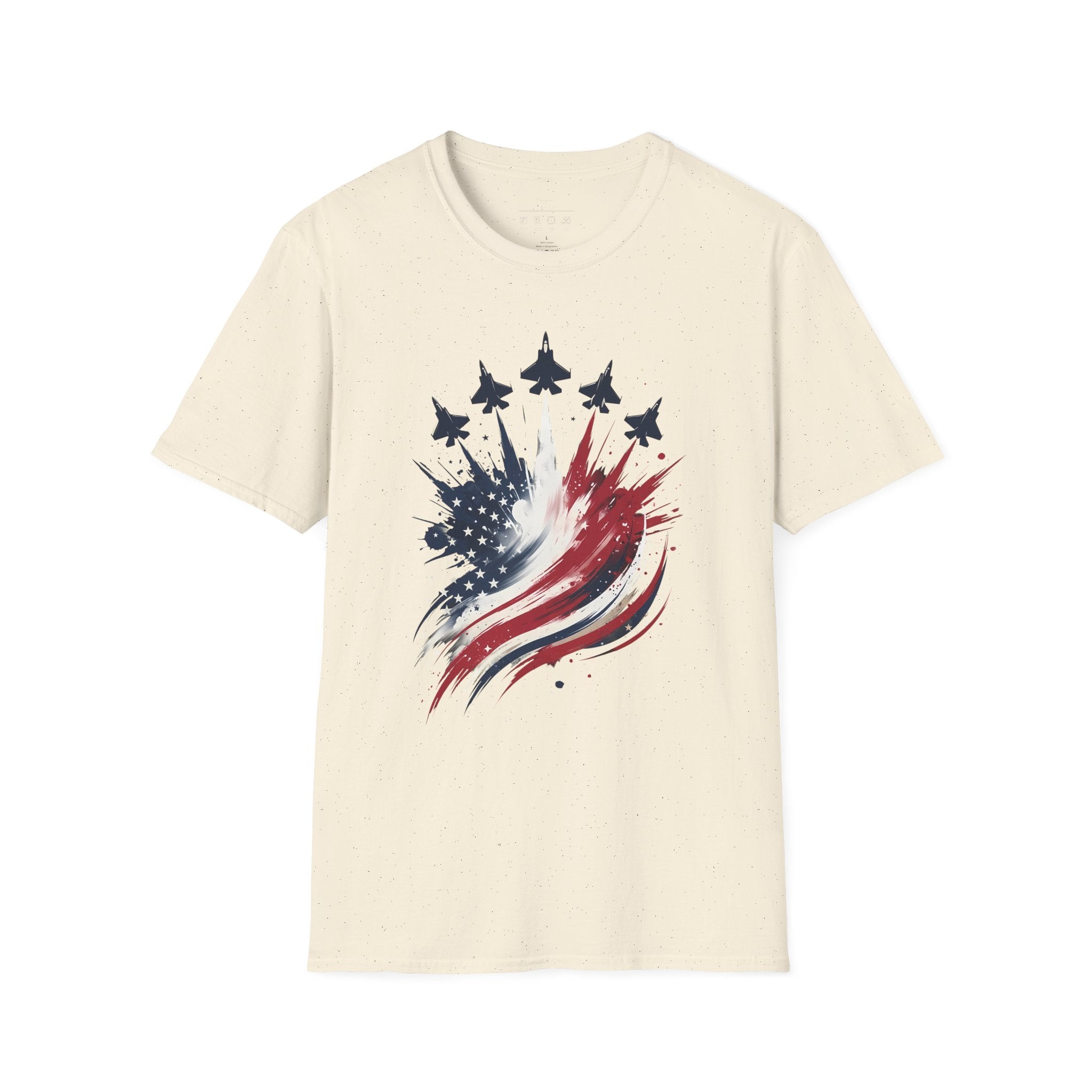 T-Shirt — Patriotic Jet Flyover with American Flag Splash