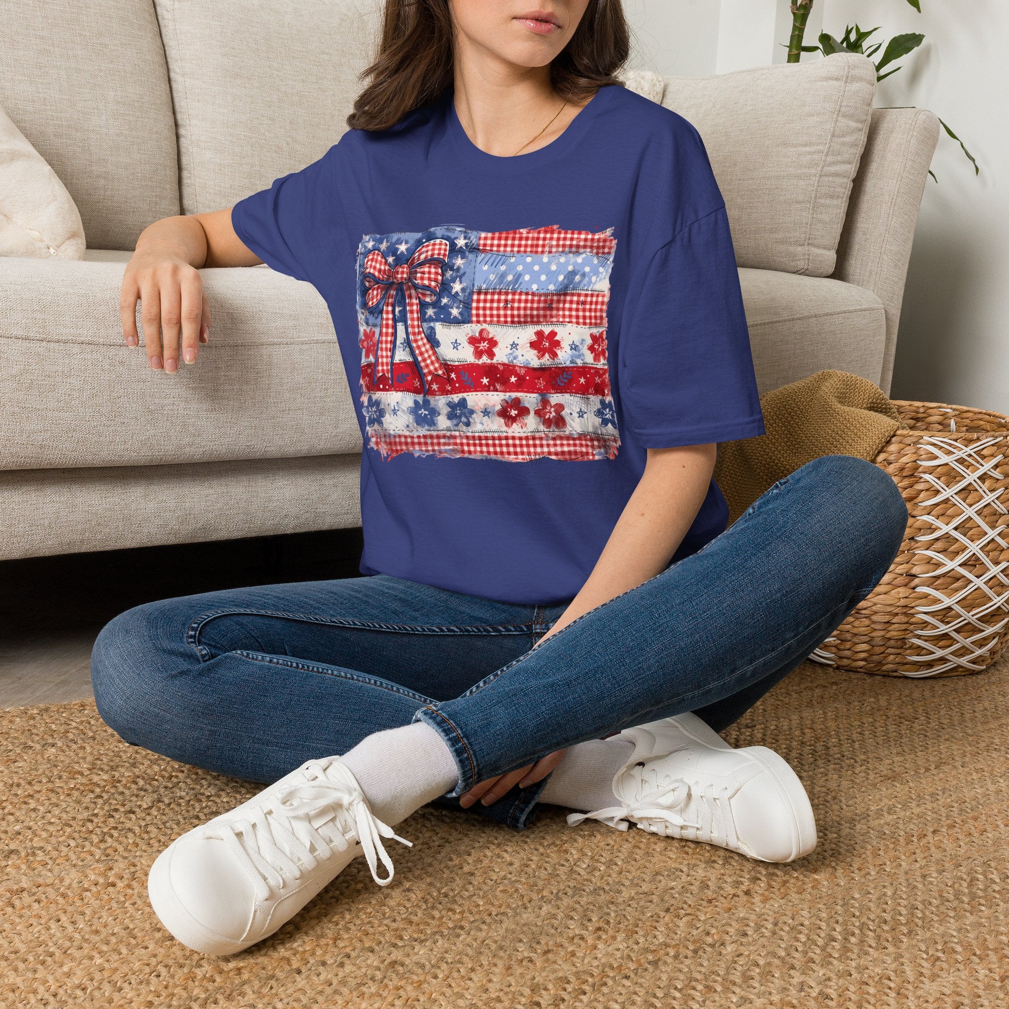Patriotic Flag Bow T-Shirt — American Red White Blue Fourth of July Tee