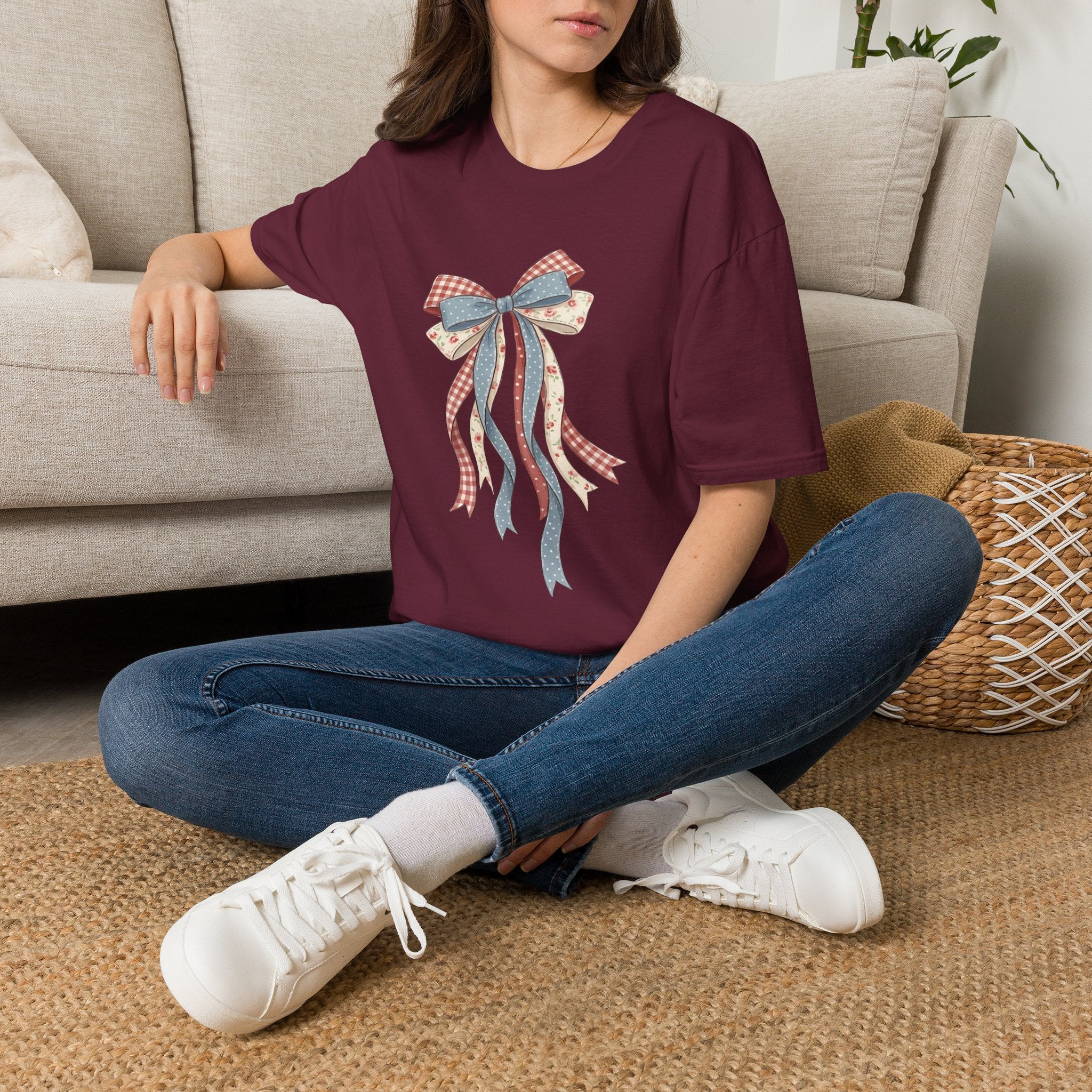 Bow Ribbon T-Shirt — Vintage Americana Floral & Gingham Bow Tee